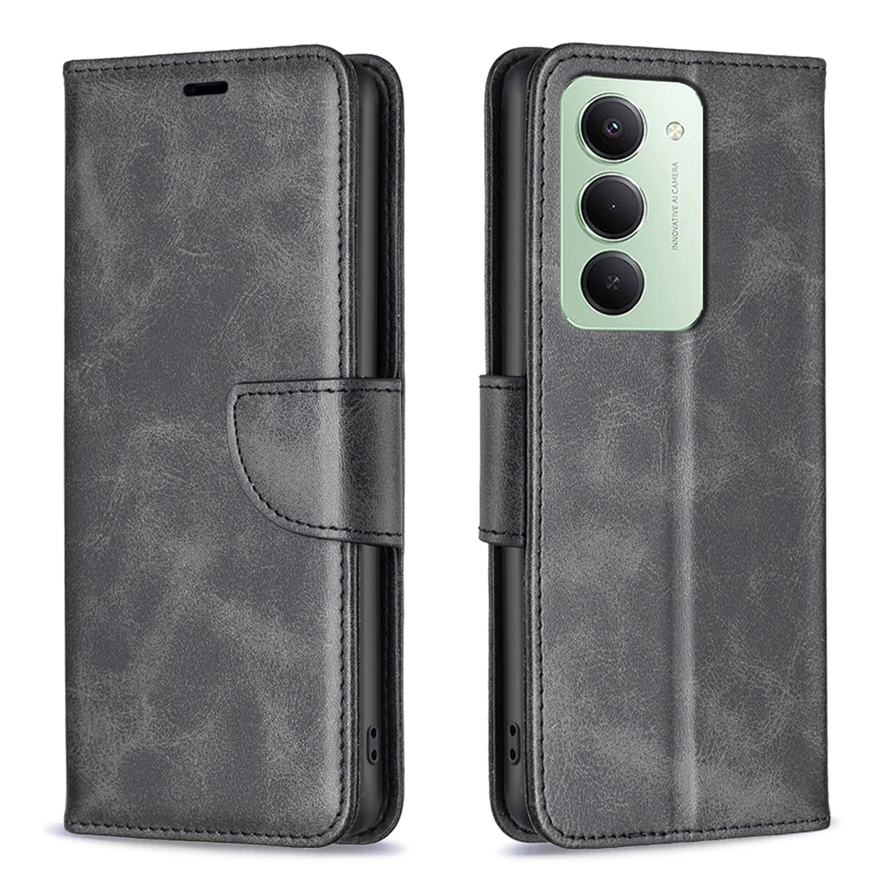Un étui de téléphone en cuir gris, ouvert et fermé. Le côté ouvert montre un téléphone avec trois objectifs.