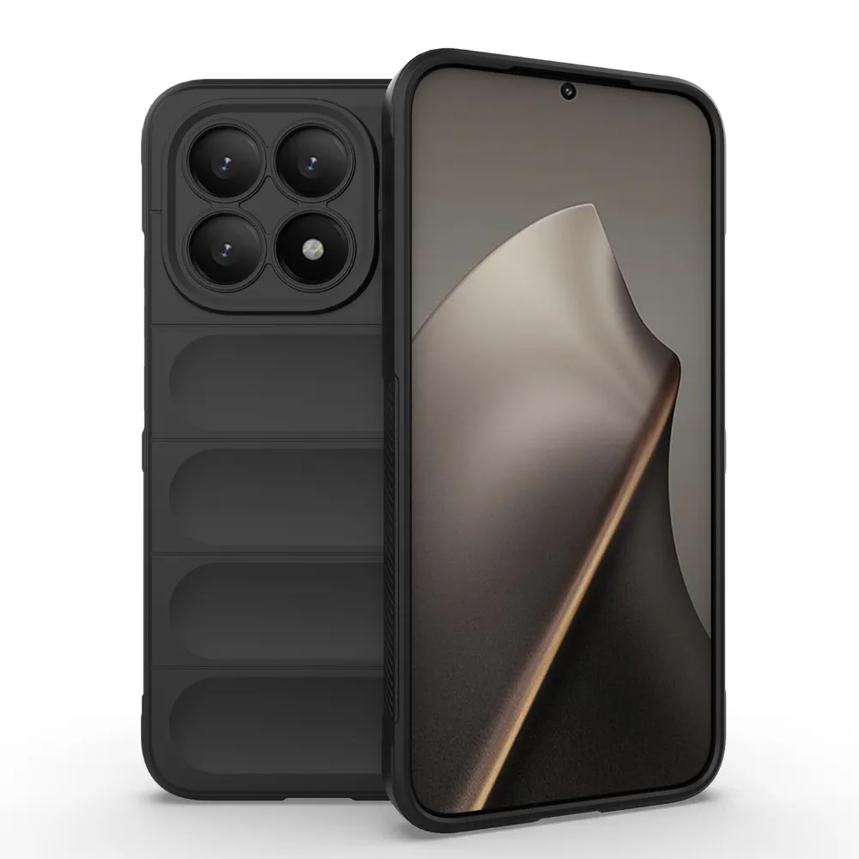 Un smartphone noir avec un étui de protection. L'étui a un design unique avec plusieurs lentilles d'appareil photo et un dos texturé.