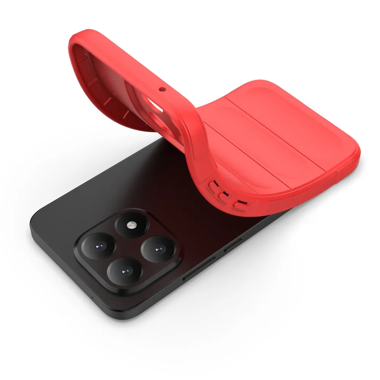 Een zwarte smartphone met een rode case die hem gedeeltelijk bedekt. De case is opgetild en toont de achterkant en cameralenzen.