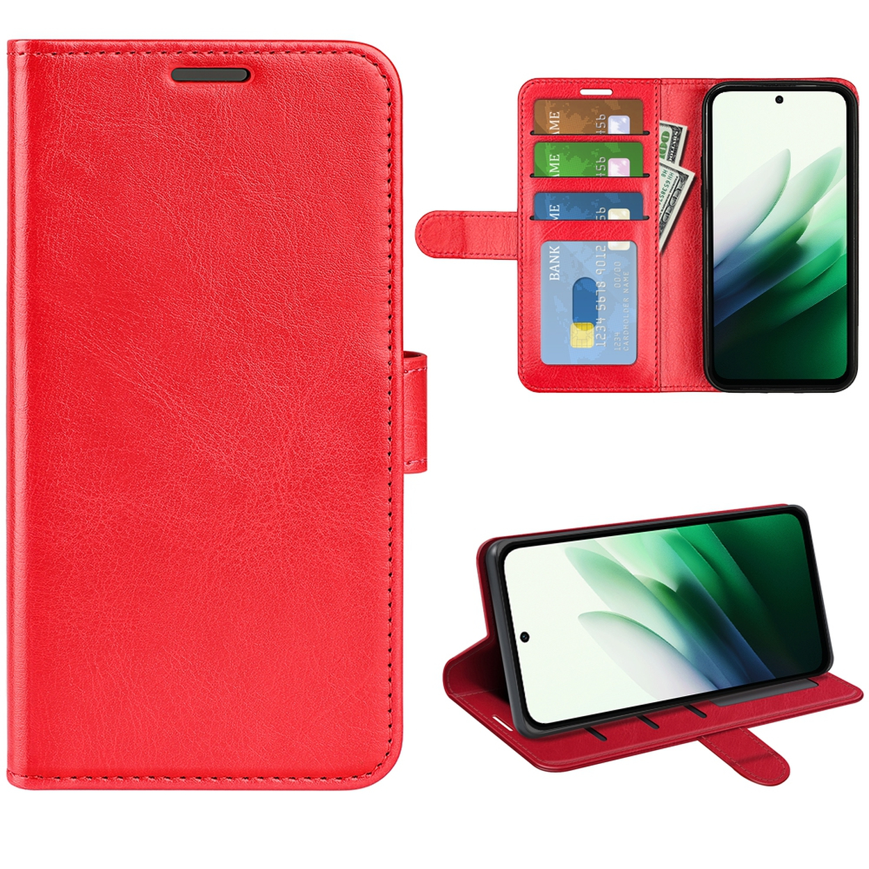 Étui de téléphone rouge avec un design portefeuille. Il contient un téléphone, des cartes et de l'argent. L'étui est ouvert et fermé dans différentes vues.