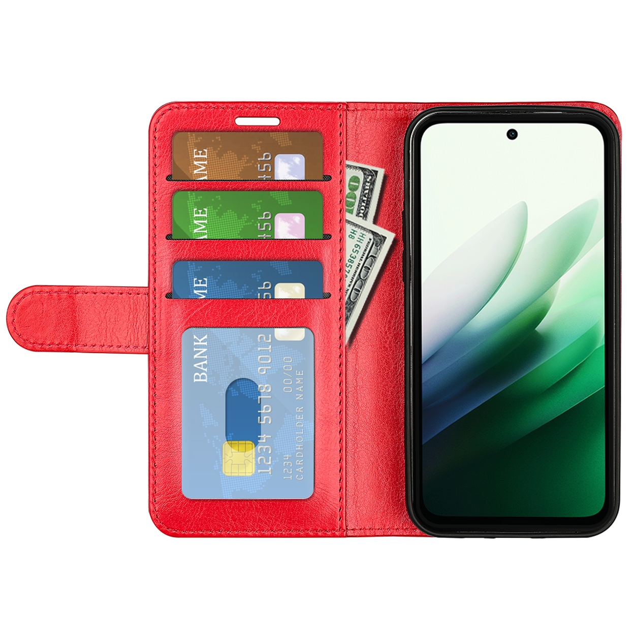 Portefeuille rouge avec téléphone, cartes de crédit et argent. L'écran du téléphone affiche un design vert et blanc.