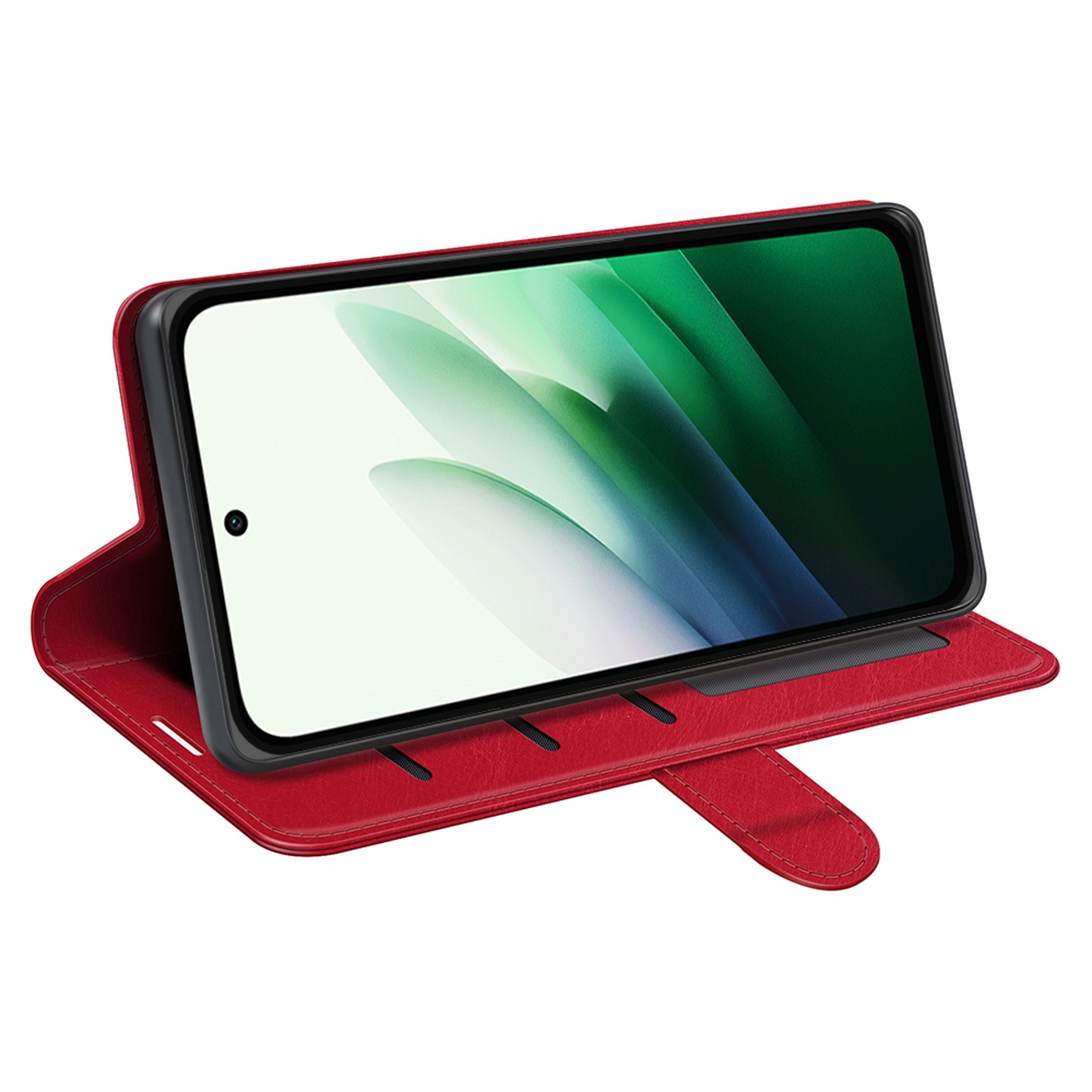 Un étui de téléphone rouge avec un téléphone à l'intérieur. Le téléphone affiche un motif abstrait vert et blanc. L'étui a une sangle magnétique.