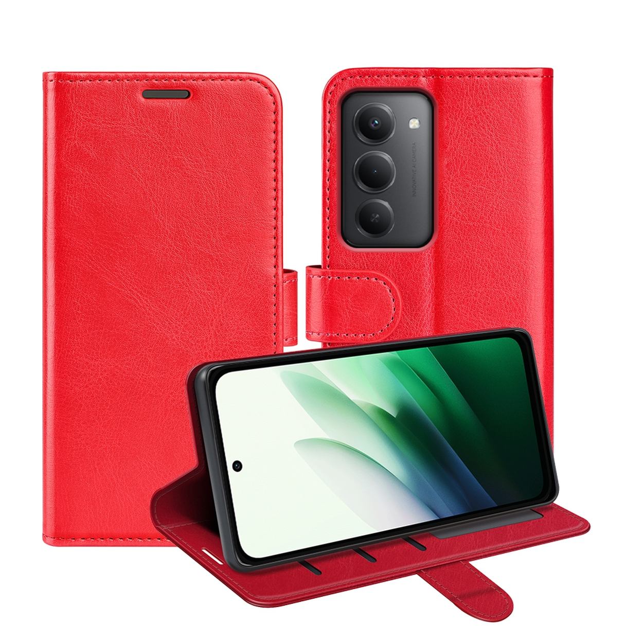 Étui de téléphone rouge, ouvert pour montrer un smartphone. L'étui est doté d'une fermeture magnétique et d'un support. Le téléphone a un écran vert et blanc.