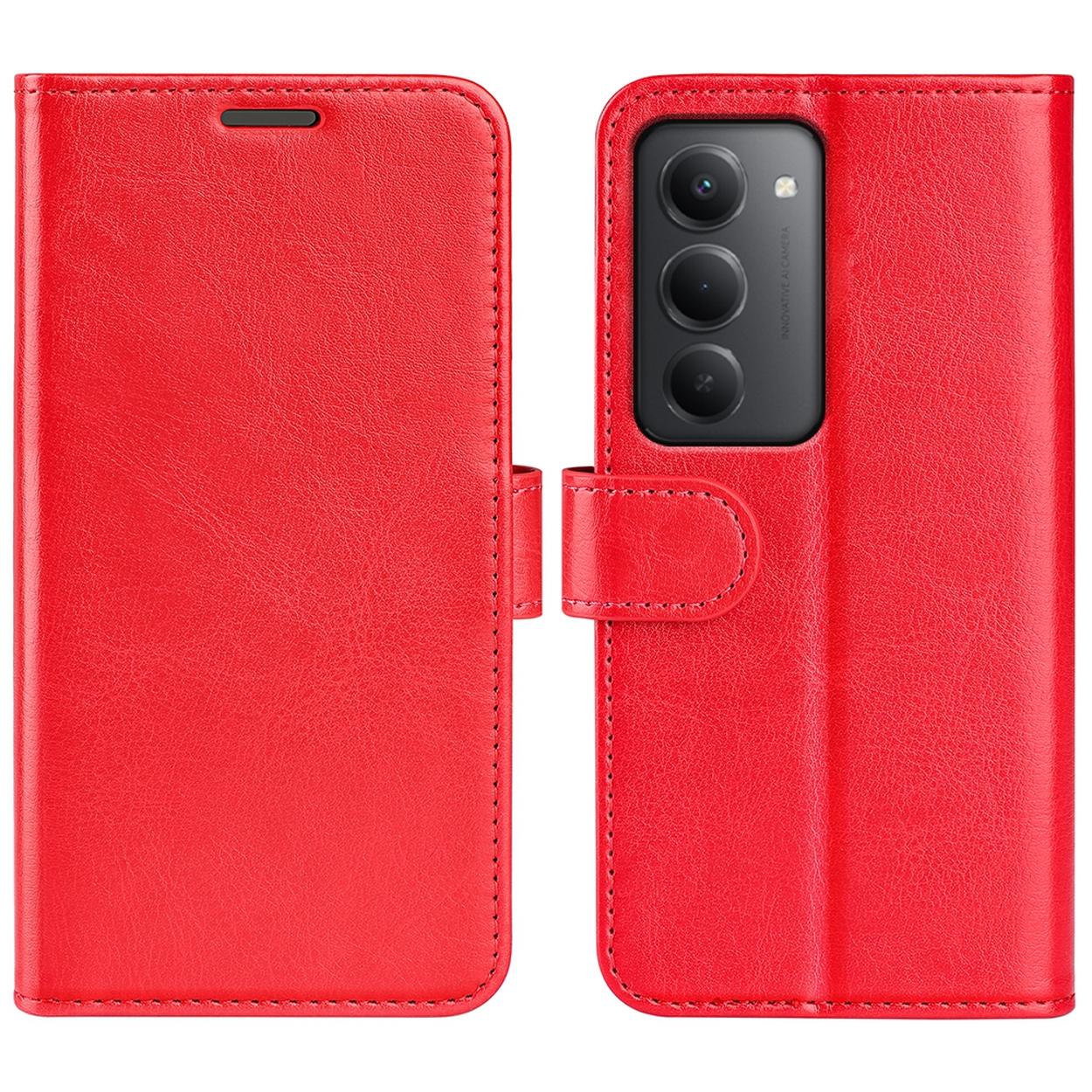 Étui de téléphone en cuir rouge ouvert. Le côté droit montre les caméras du téléphone. Le côté gauche est le couvercle. Les deux côtés cousus.