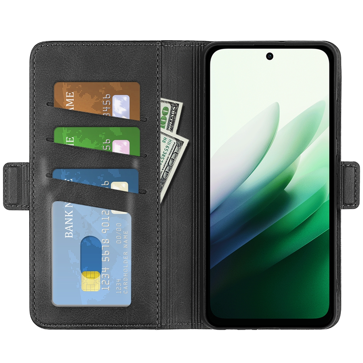 Zwarte portemonnee met creditcards en een smartphone. Amerikaanse dollars zichtbaar. Telefoonscherm met groen ontwerp.