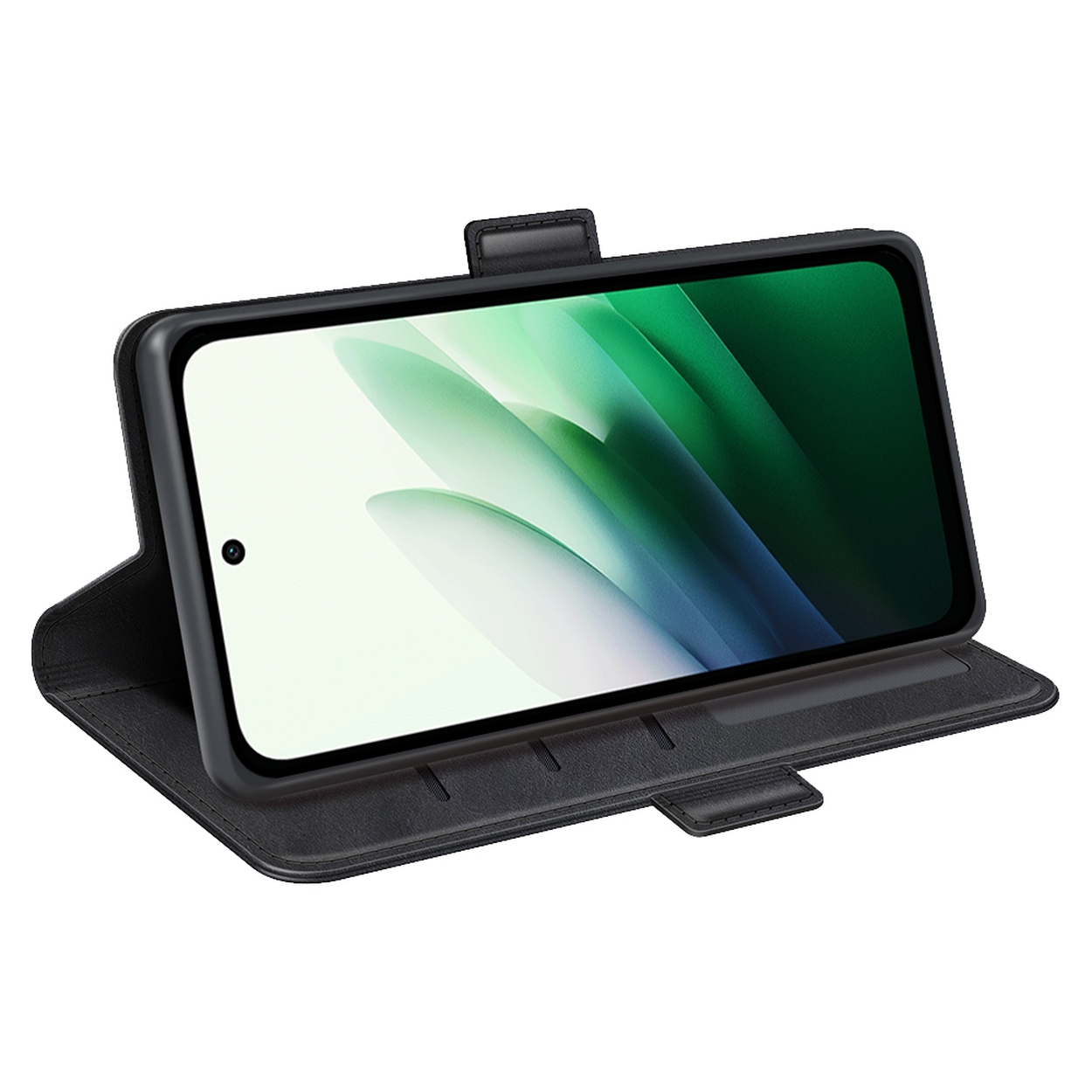 Een smartphone in een zwarte hoes wordt weergegeven. Het scherm toont een abstract ontwerp in groen en wit. De hoes is open.