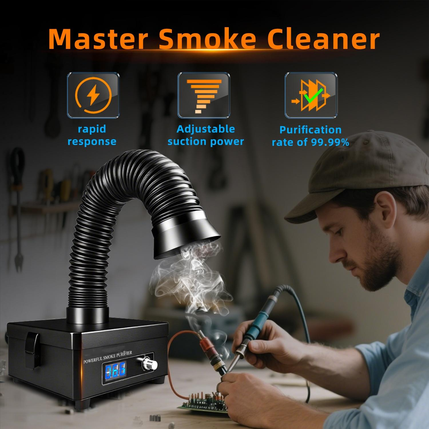 Ein Mann lötet eine Leiterplatte mit einem Rauchabsauger. Links befindet sich ein schwarzer Rauchreiniger. Text: Master Smoke Cleaner.