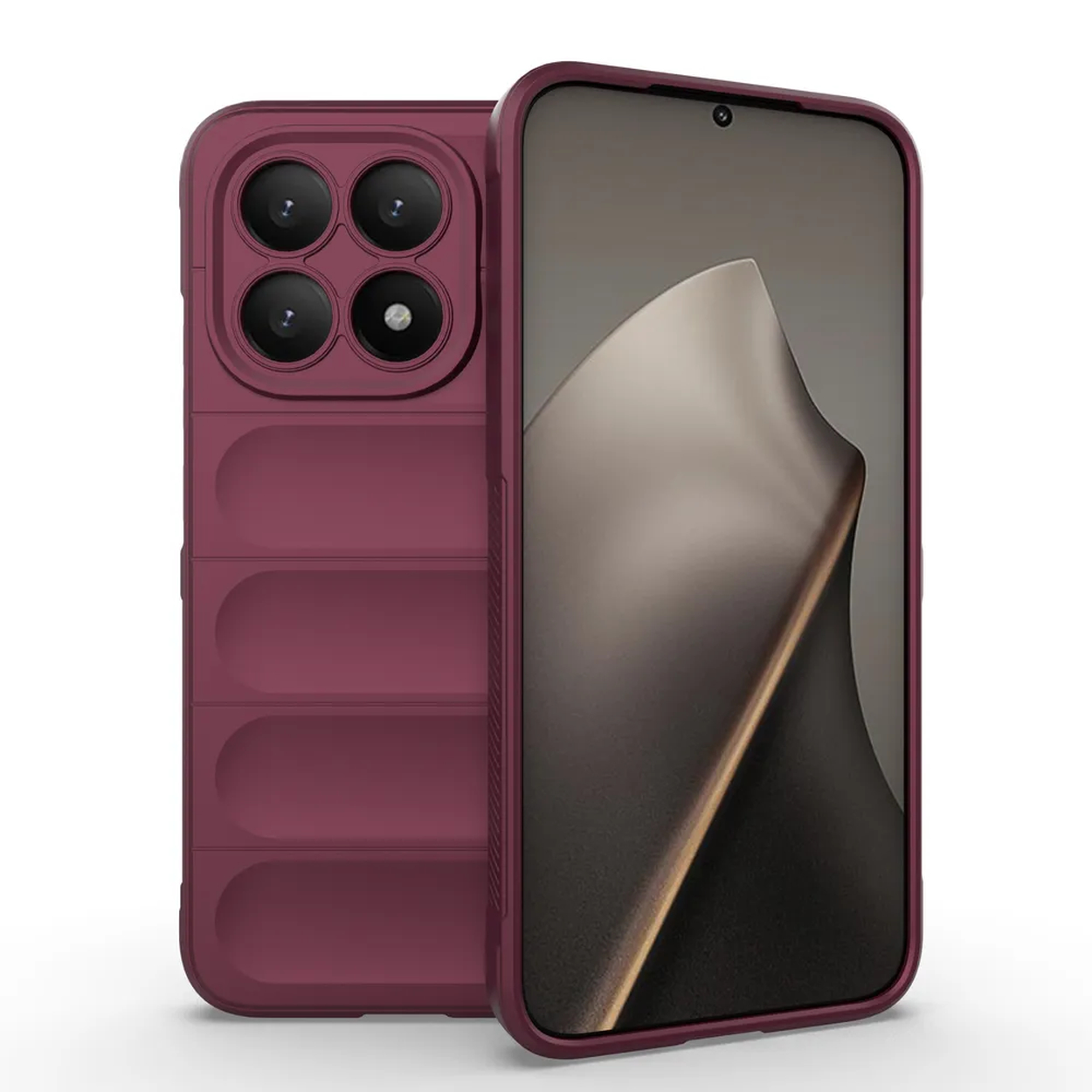 Een bordeauxrode smartphone met een beschermhoesje. De hoes heeft een gestructureerde achterkant en meerdere cameralenzen. Het scherm toont een donkere afbeelding.