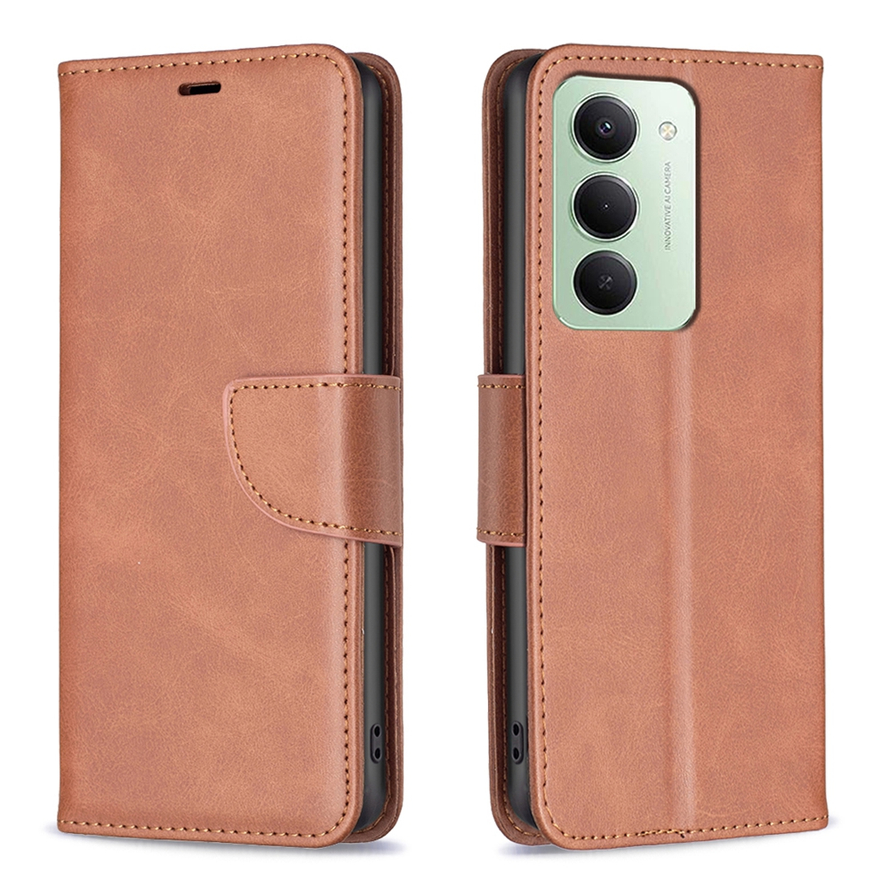 Étui de téléphone en cuir marron. L'étui est ouvert, révélant l'arrière du téléphone avec le module caméra.