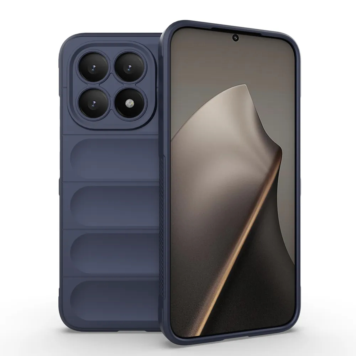 Een donkerblauwe smartphone met hoes, met de cameralenzen. Het scherm toont een abstract ontwerp op een witte achtergrond.