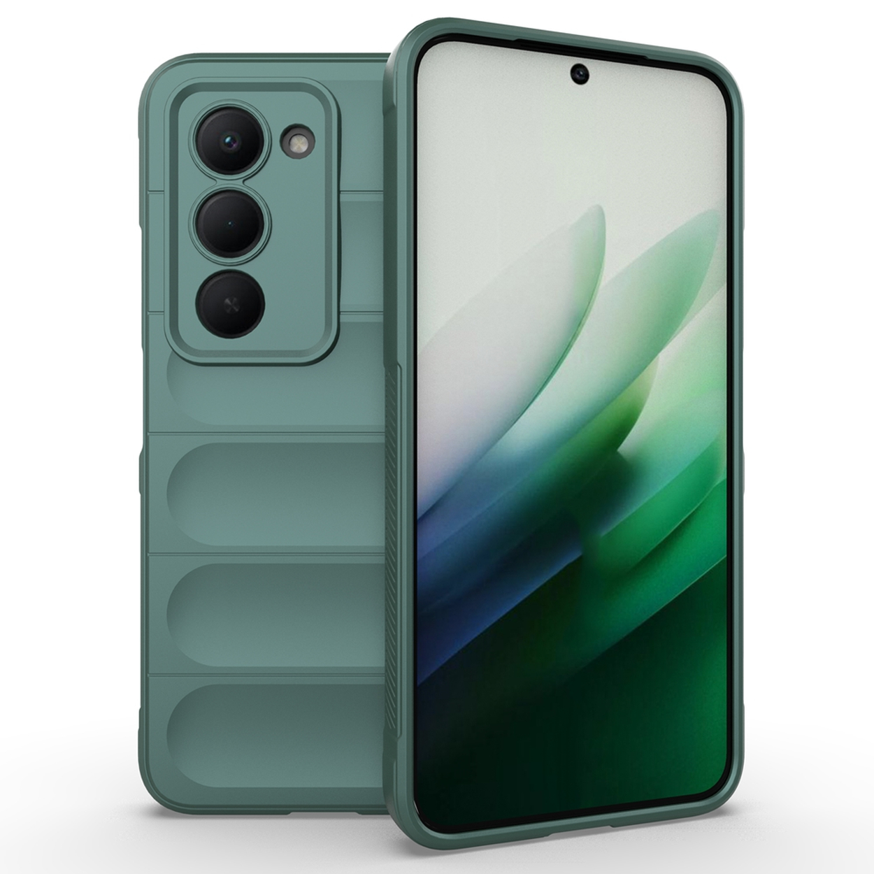 Een groene telefoon met een beschermhoesje. Het telefoonscherm toont groene en witte abstracte vormen. De hoes heeft uitsparingen voor de camera.