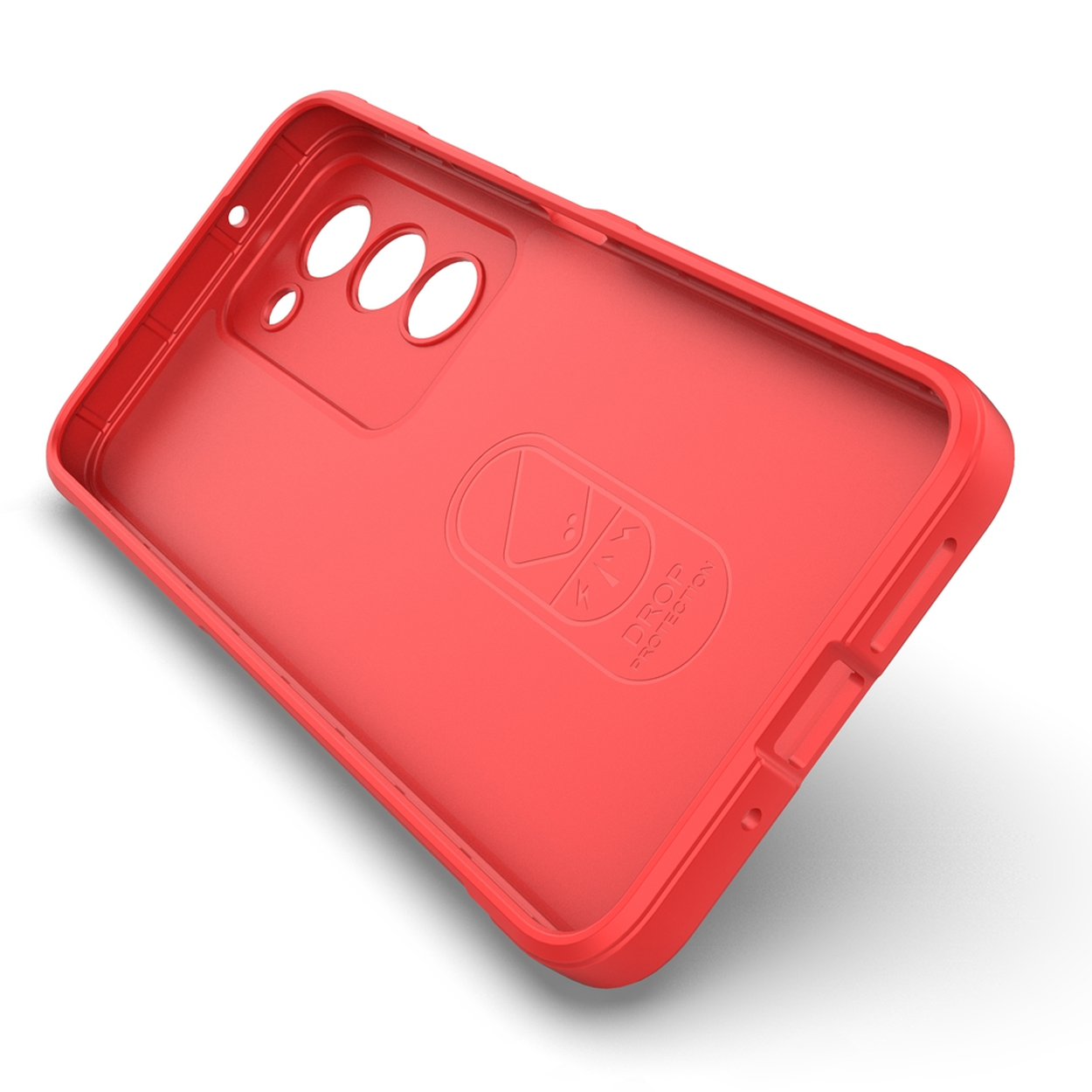 Een rode telefoonhoes wordt getoond, omhoog gekanteld. Het heeft openingen voor de camera en knoppen en een drop protection logo.