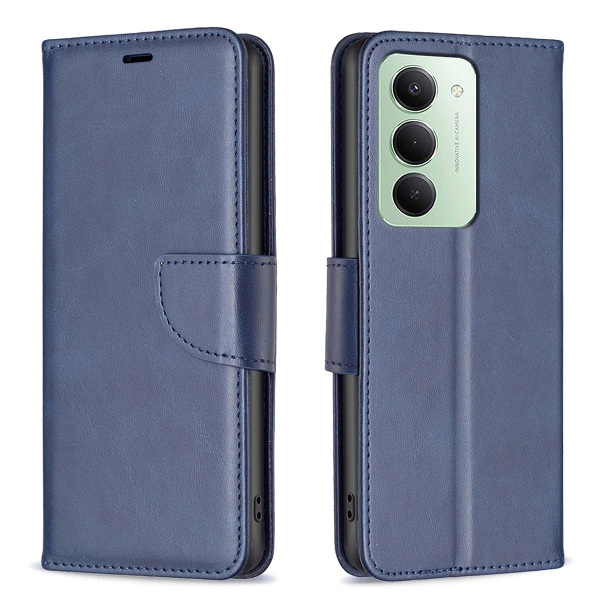 Un étui de téléphone bleu est montré ouvert et fermé. L'étui ouvert révèle un téléphone avec trois caméras. L'étui est en simili cuir.