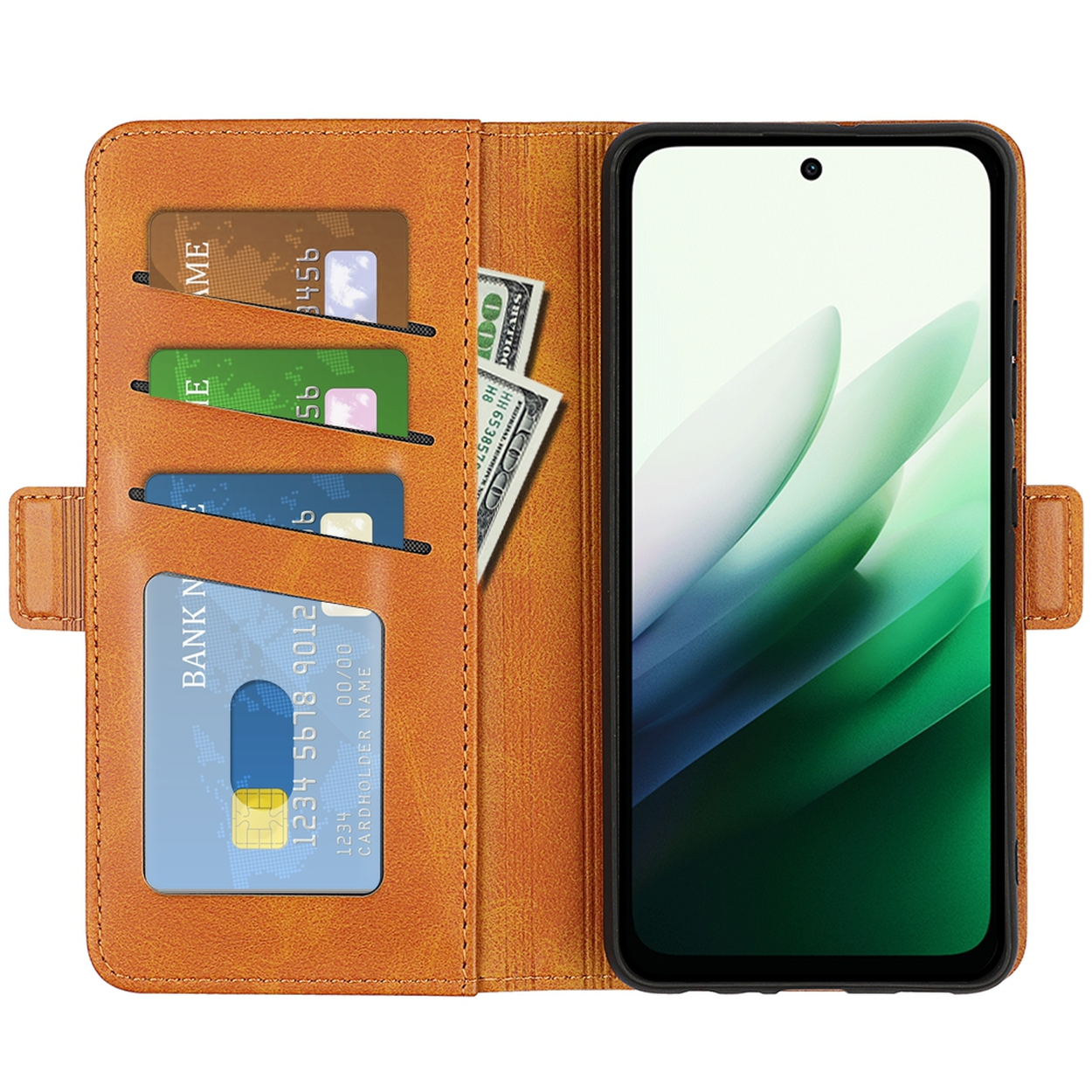 Een bruine telefoonhoes met kaarten en contant geld. Een telefoon toont een groen en wit ontwerp. De hoes is open.