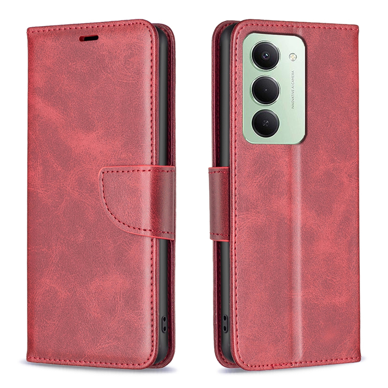 Een rode leren telefoonhoes, opengeklapt om de telefoon te onthullen. De hoes is een portemonnee-stijl met een magnetische sluiting.