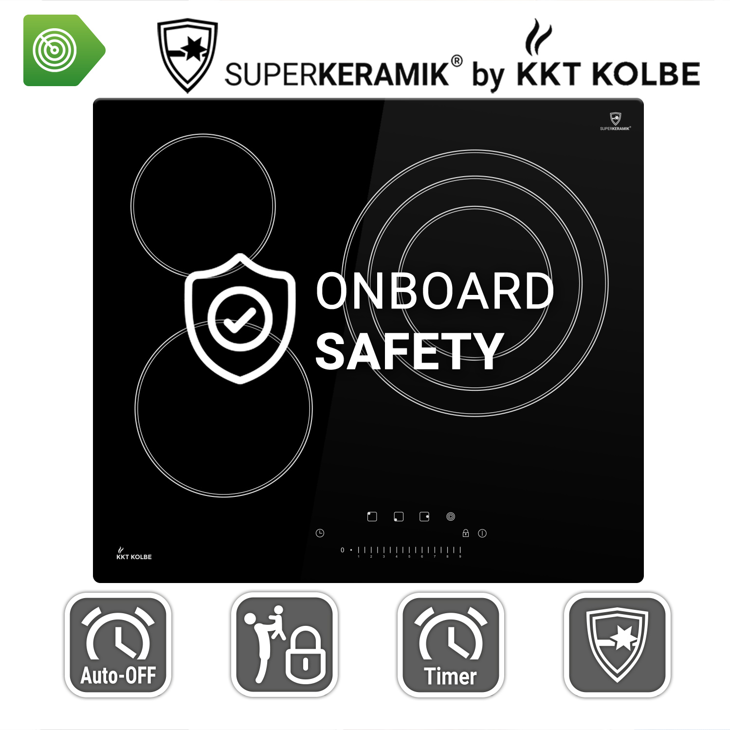 Schwarzes Ceranfeld mit Sicherheitsmerkmalen. Text: Onboard Safety, SuperKeramik. Icons: Auto-Off, Timer und ein Schild.