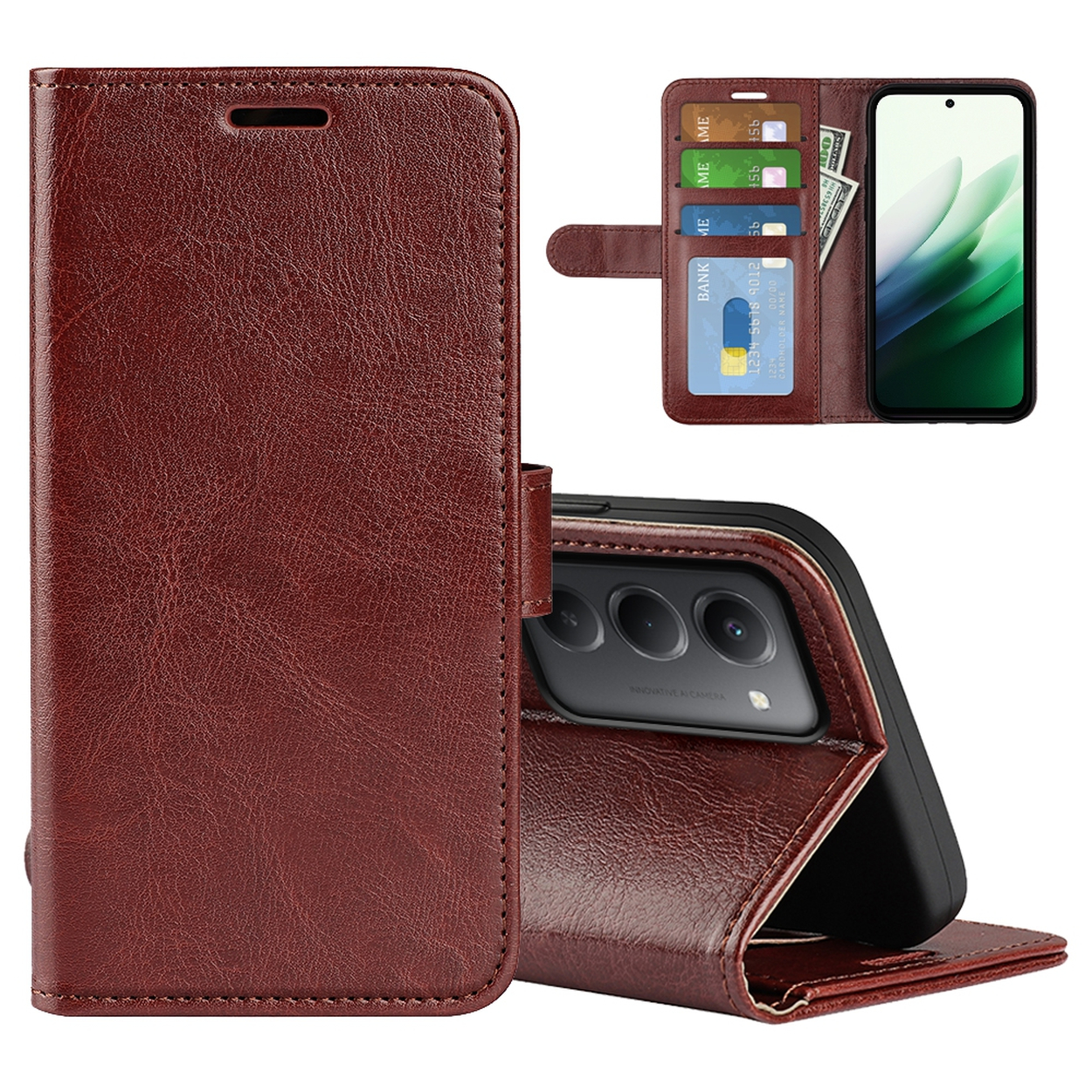 Un étui de téléphone en cuir marron est présenté, avec un téléphone à l'intérieur affichant un graphique vert. Des cartes de crédit et de l'argent sont visibles.