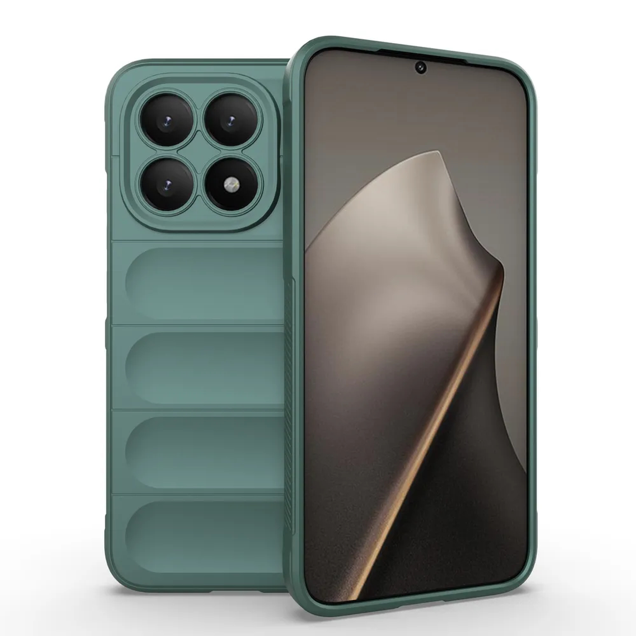 Un téléphone vert avec un étui. L'étui a un dos texturé et quatre lentilles de caméra. L'écran affiche un design abstrait.