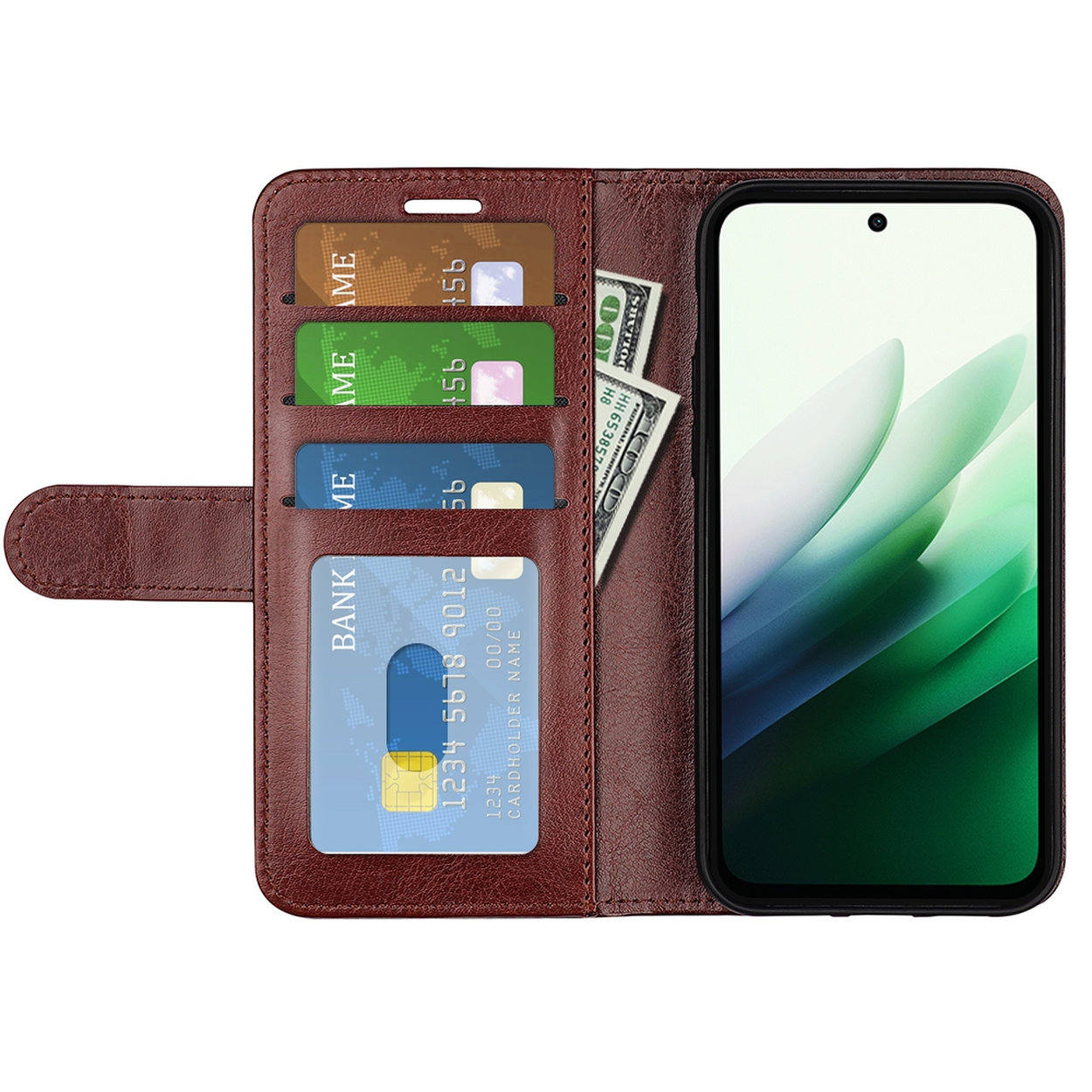 Un étui de téléphone en cuir marron avec un téléphone, des cartes et des billets de banque. L'écran du téléphone a un design vert et blanc.