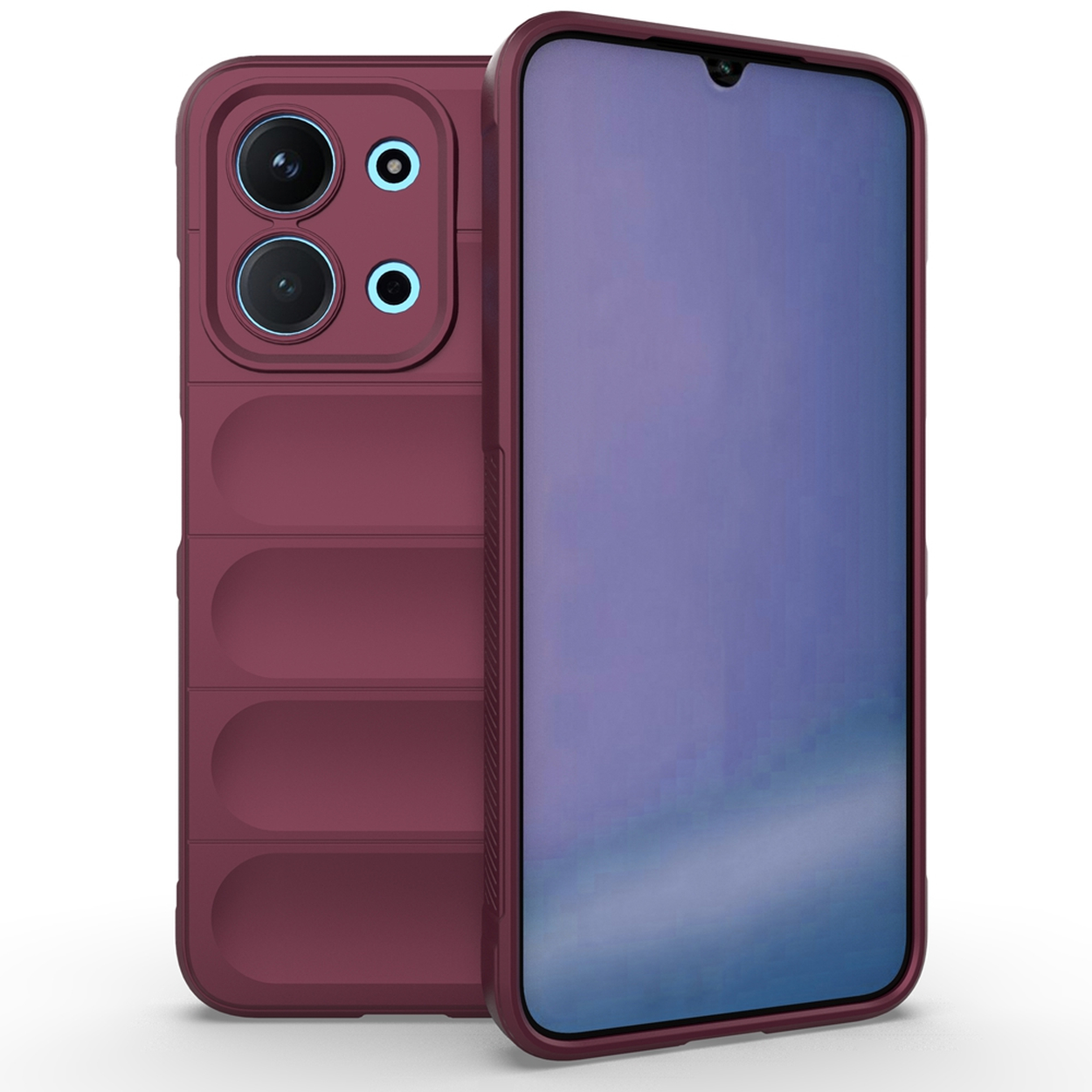 Een bordeauxrode telefoonhoes en een telefoon. De hoes heeft uitsparingen voor de camera en een getextureerde achterkant. Het scherm is blauw.