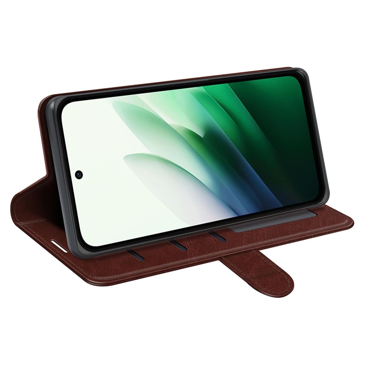 Un étui de téléphone marron contient un téléphone avec un écran vert et blanc. L'étui est ouvert, montrant le téléphone en angle.