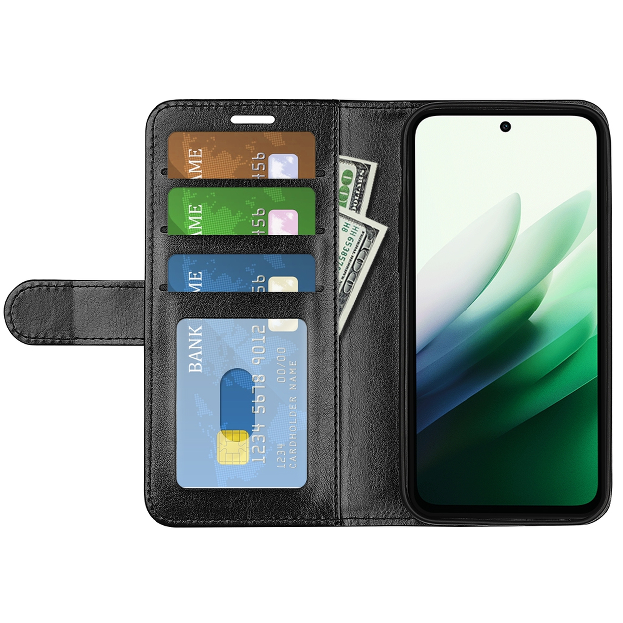 Zwarte telefoonhoes met een telefoon rechts en kaartsleuven links, met kaarten en geld.