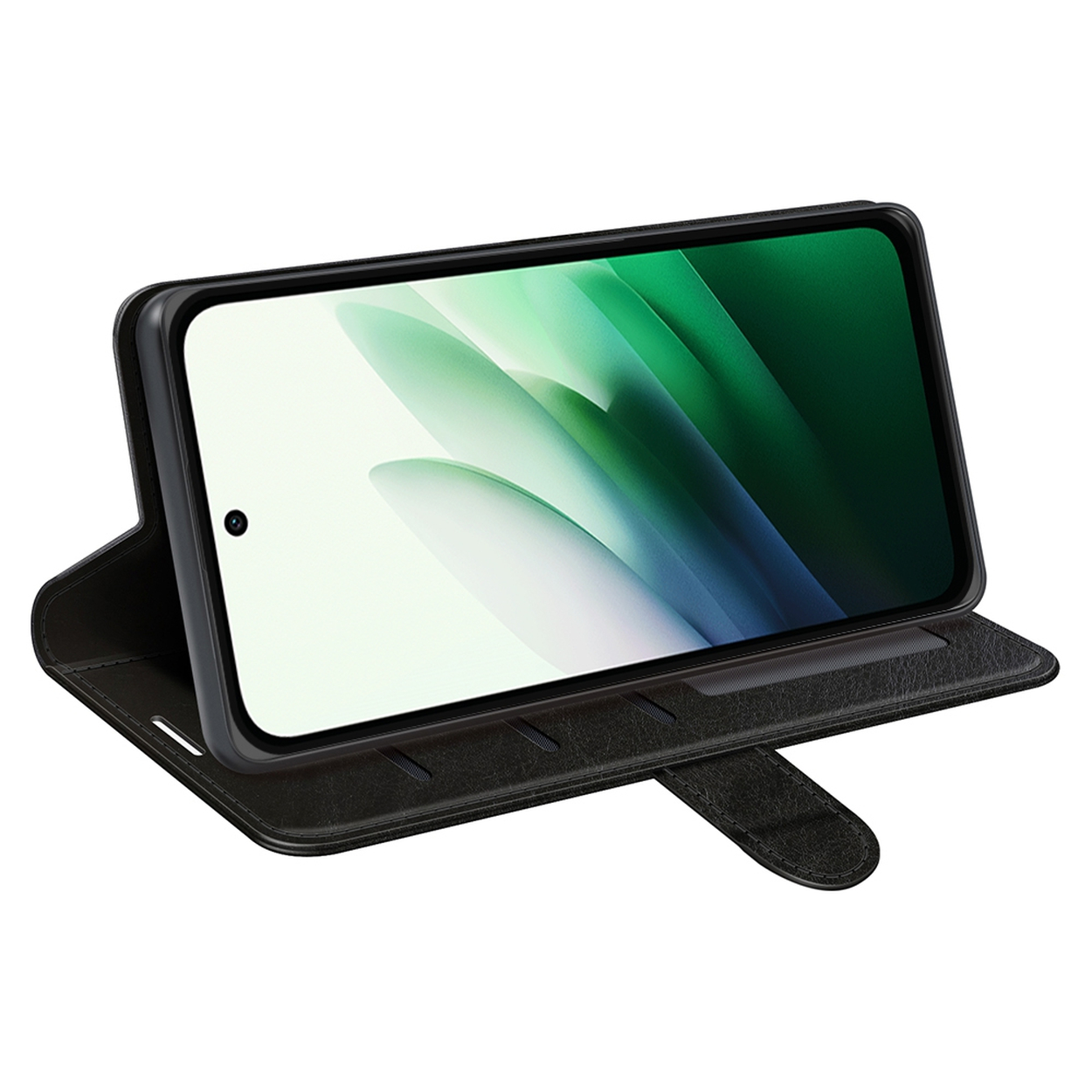 Een smartphone in een zwarte hoes wordt getoond. Het scherm toont een groen en wit abstract ontwerp, met een zwarte rand.