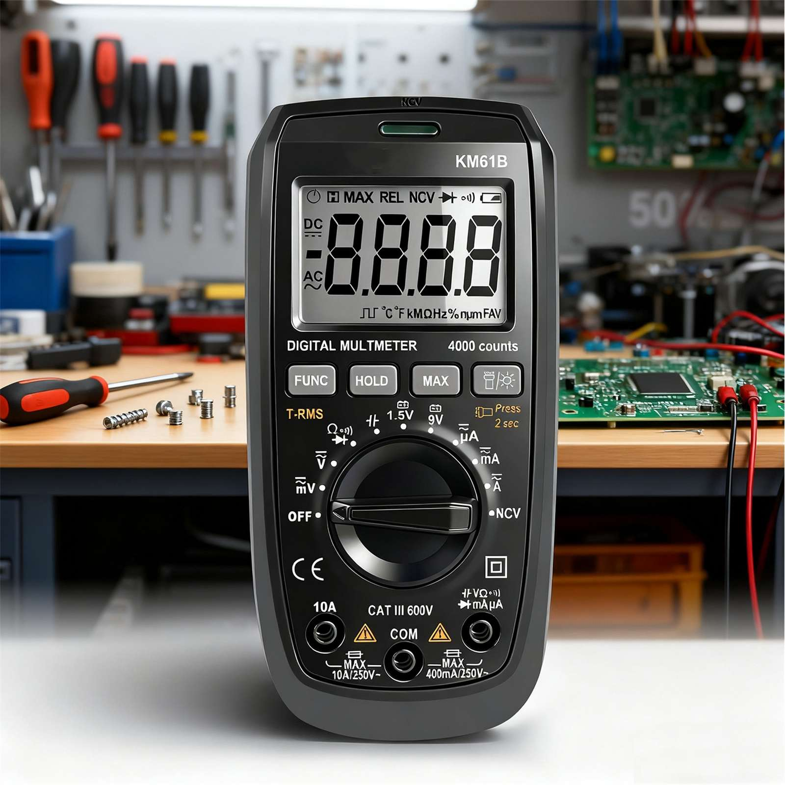 Ein digitales Multimeter KM61B zeigt Messwerte an. Im Hintergrund sind Schraubendreher und elektronische Bauteile auf einem Tisch.
