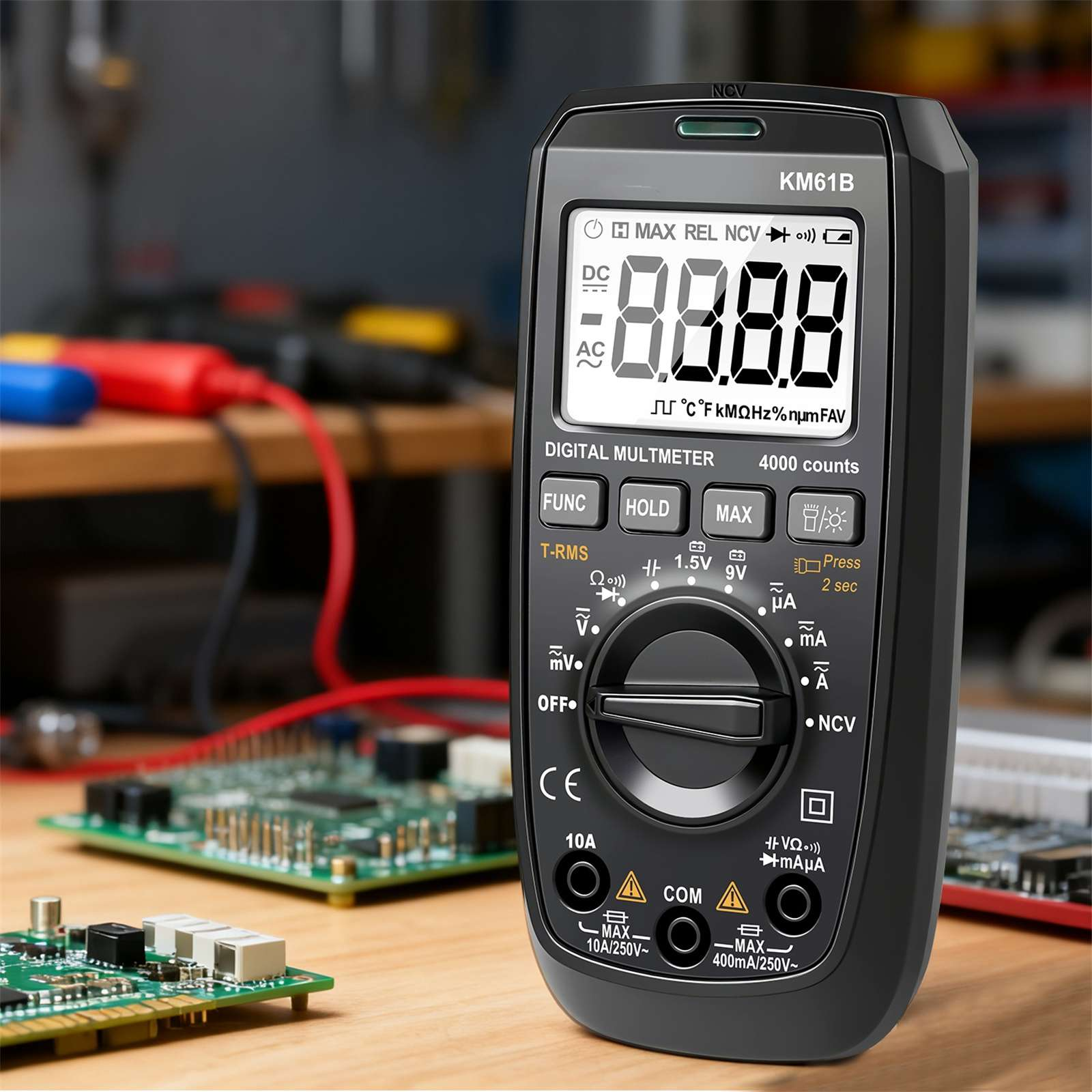 Ein digitales Multimeter zeigt einen Wert an. Es ist schwarz mit einem Bildschirm und Knöpfen. Drähte und Leiterplatten sind im Hintergrund.
