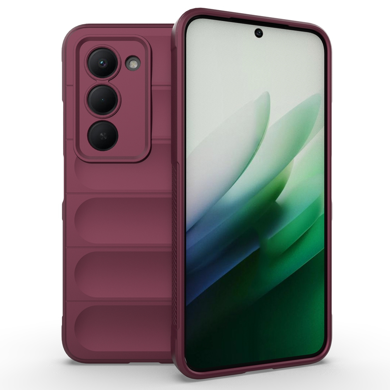 Een bordeauxrode telefoon in een hoesje, met de achterkant met camera's en het scherm met een groene en witte achtergrond.