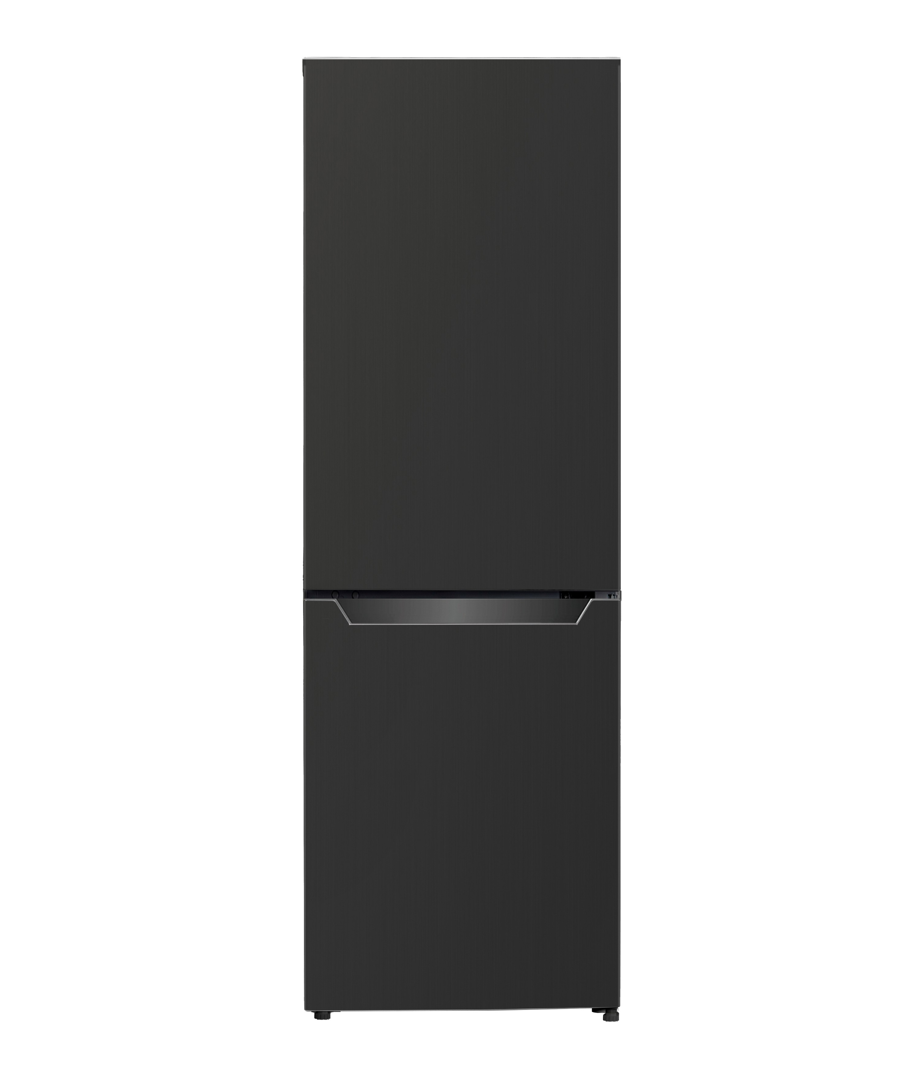 Ein dunkelgrauer Kühlschrank mit zwei Türen steht auf weißem Hintergrund. Die obere Tür ist größer.