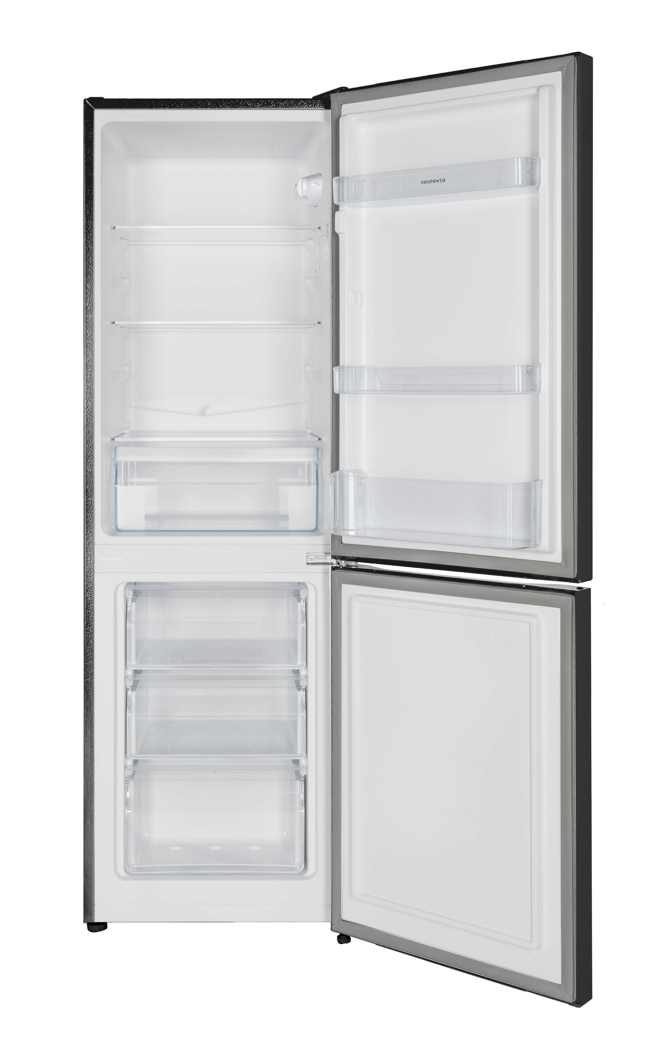 Geöffnete Kühlschrank. Weißer Innenraum mit Regalen, Schubladen und 'respekta' Logo. Schwarzer Rahmen.