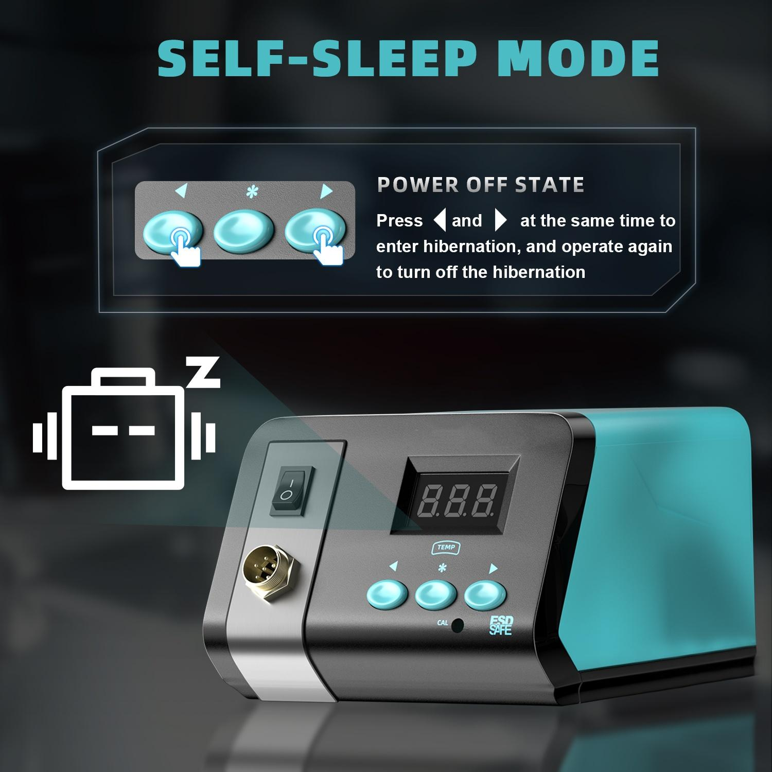 Ein elektronisches Gerät mit Display und Knöpfen wird gezeigt. Der Text lautet Self-Sleep-Modus und Power Off State.