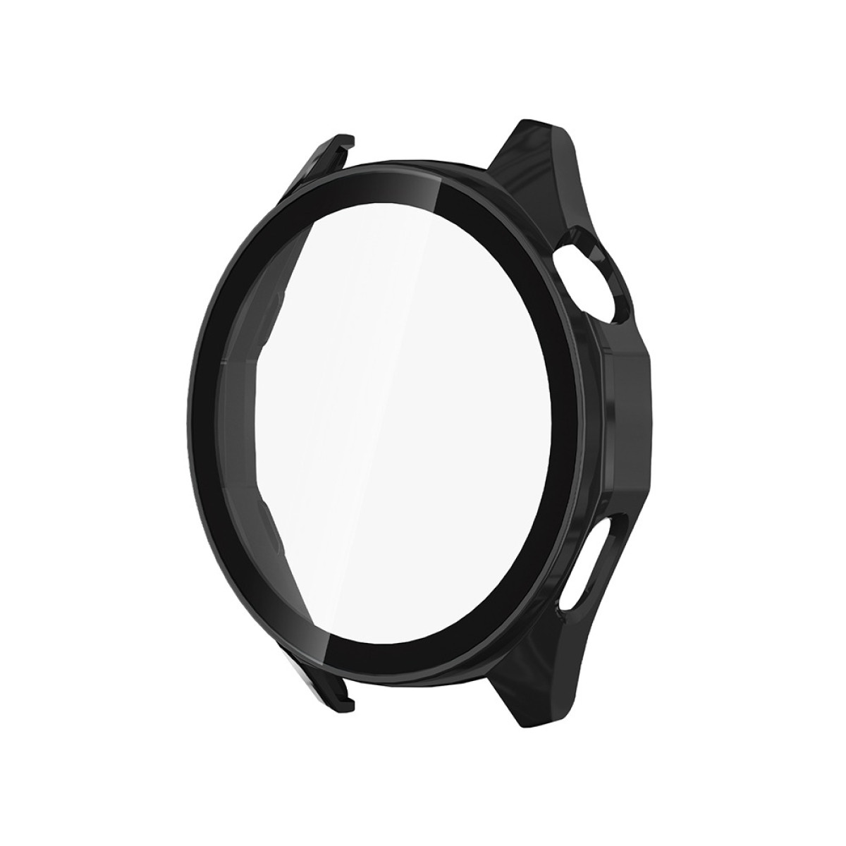 Una custodia nera per smartwatch con protezione schermo trasparente. La custodia ha una finitura lucida e si trova su sfondo bianco.