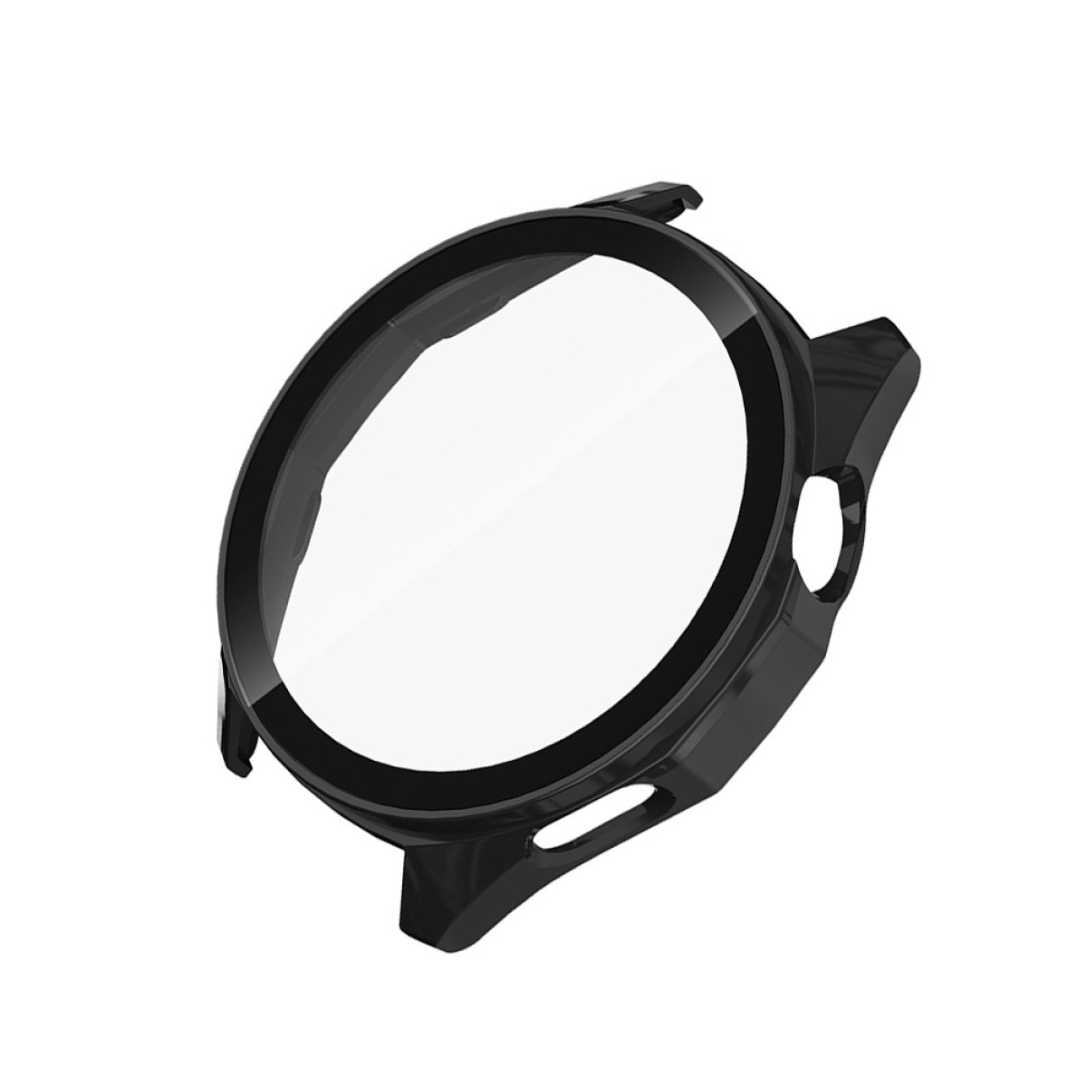 Una cassa per orologio nera con protezione schermo trasparente, isolata su sfondo bianco. La cassa è rotonda e ha ritagli.