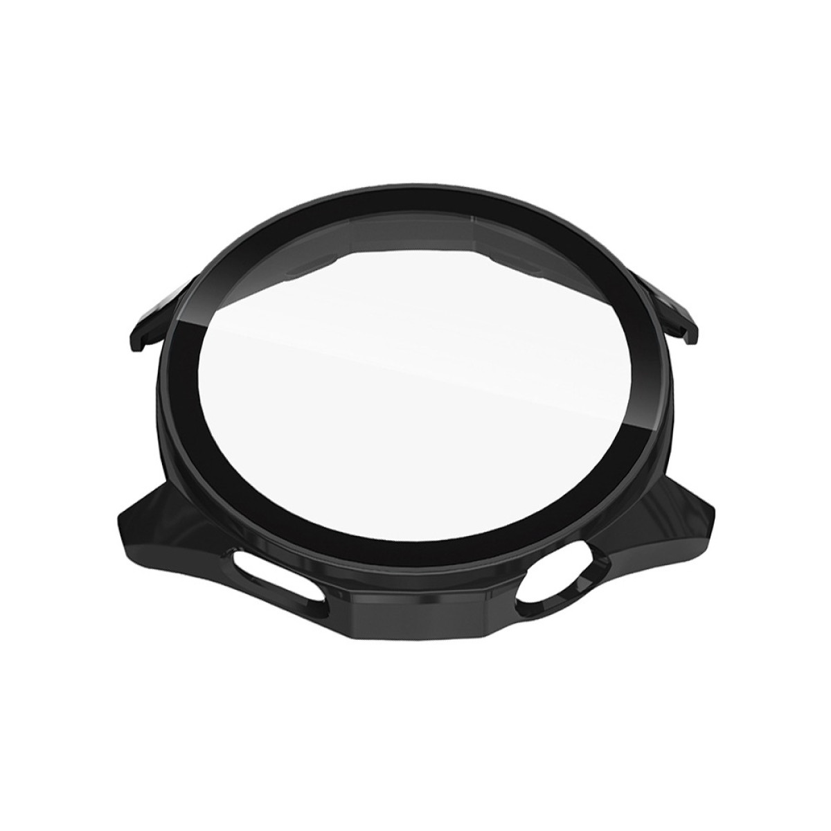 Una custodia nera per smartwatch con protezione schermo trasparente. La custodia ha un design circolare e due pulsanti laterali.