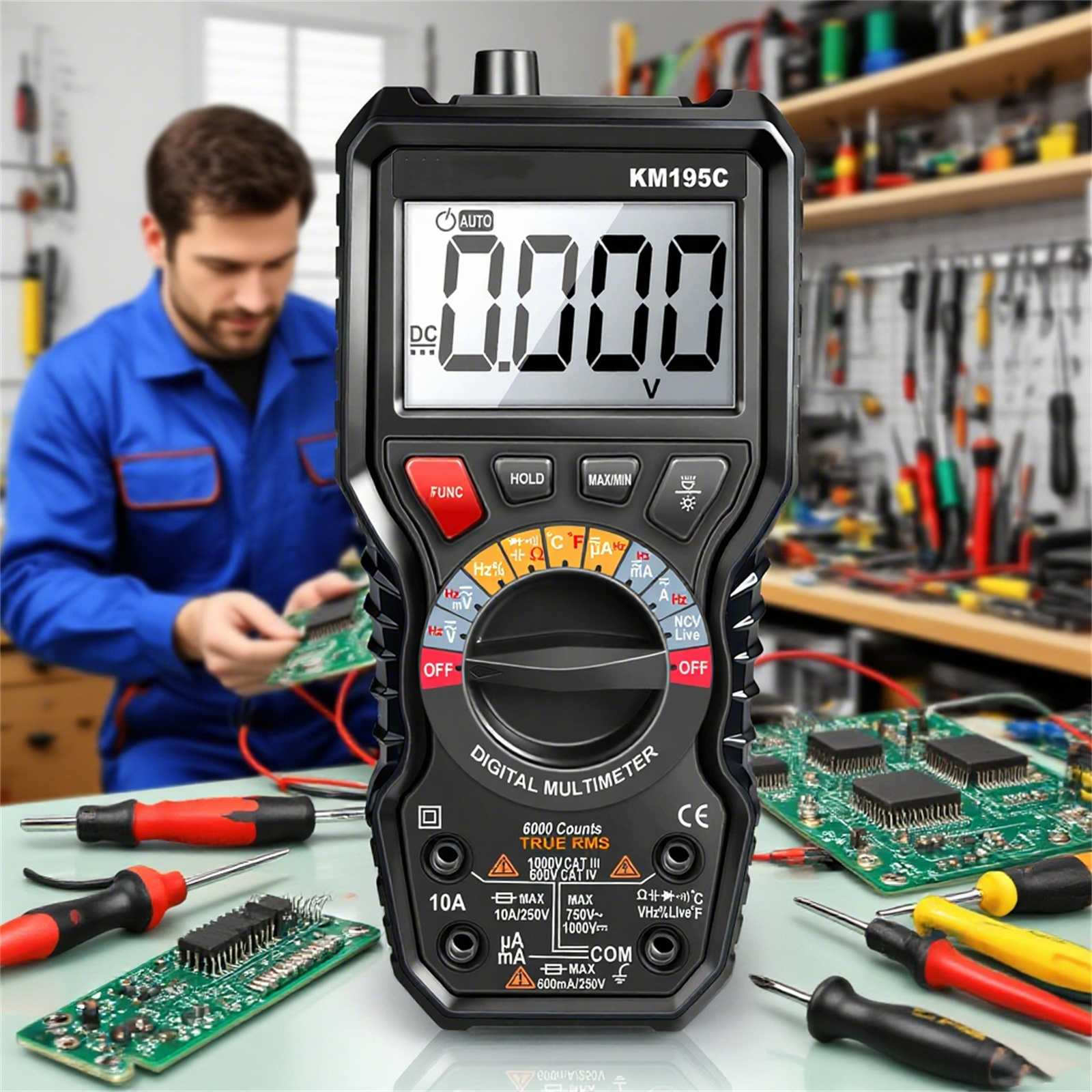 Ein digitales Multimeter zeigt 0,000 V an. Ein Mann in Blau arbeitet an einer Leiterplatte mit Werkzeugen auf einem Tisch.