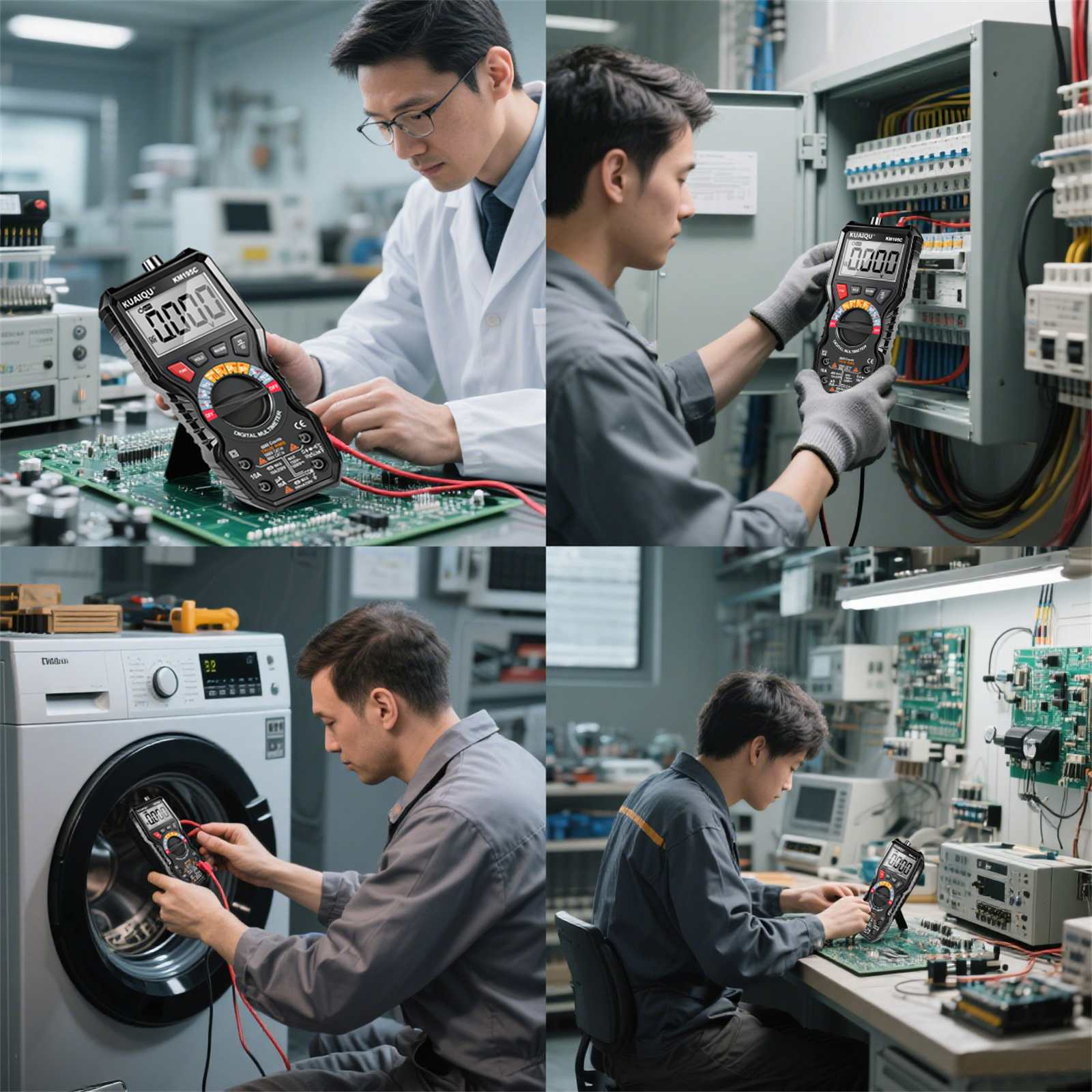 Vier Szenen, in denen Techniker Multimeter verwenden. Einer testet eine Leiterplatte, einer ein Panel, einer eine Waschmaschine und einer eine Leiterplatte.