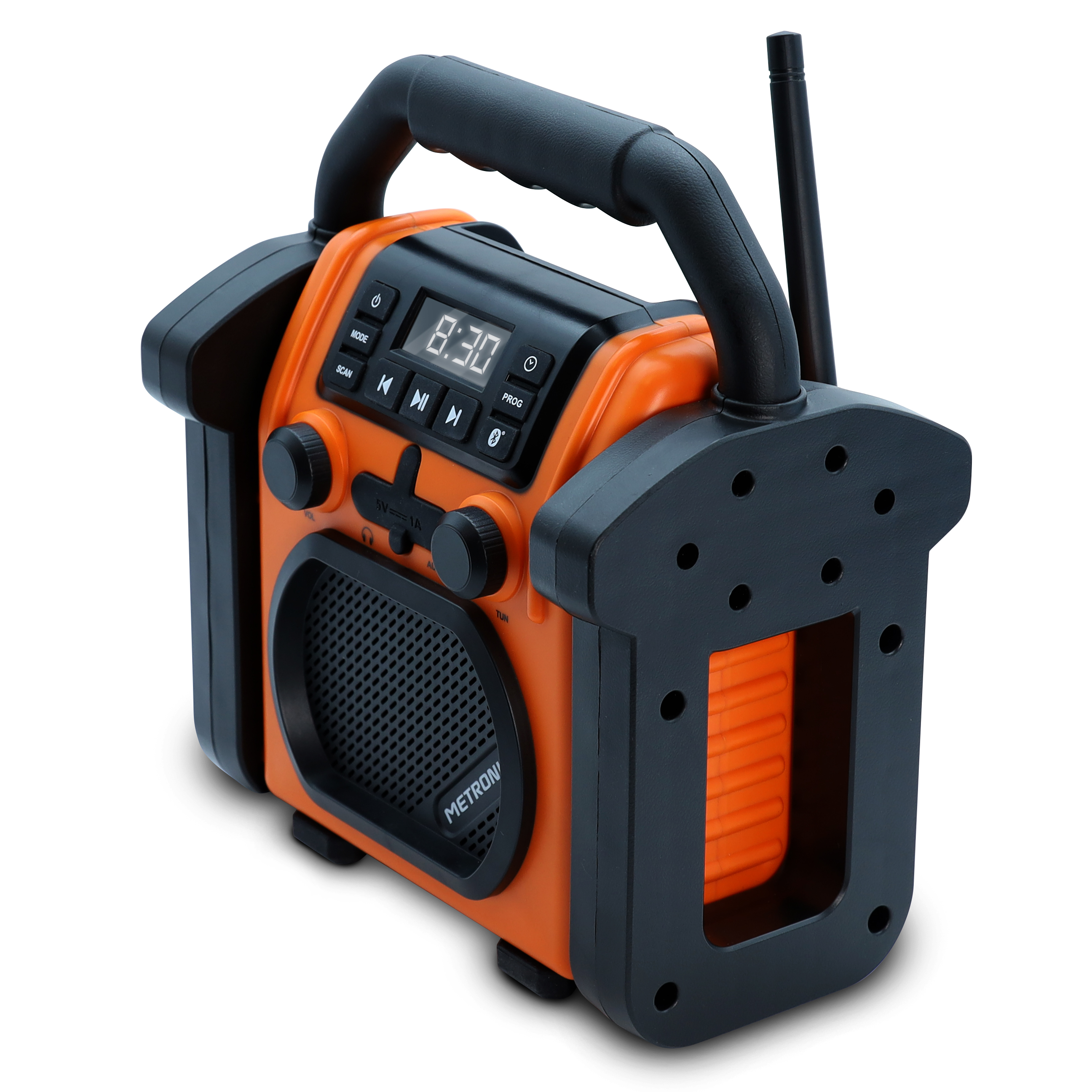 Radio naranja y negro con asa y antena. La pantalla muestra 8:30. La radio está sobre un fondo blanco.