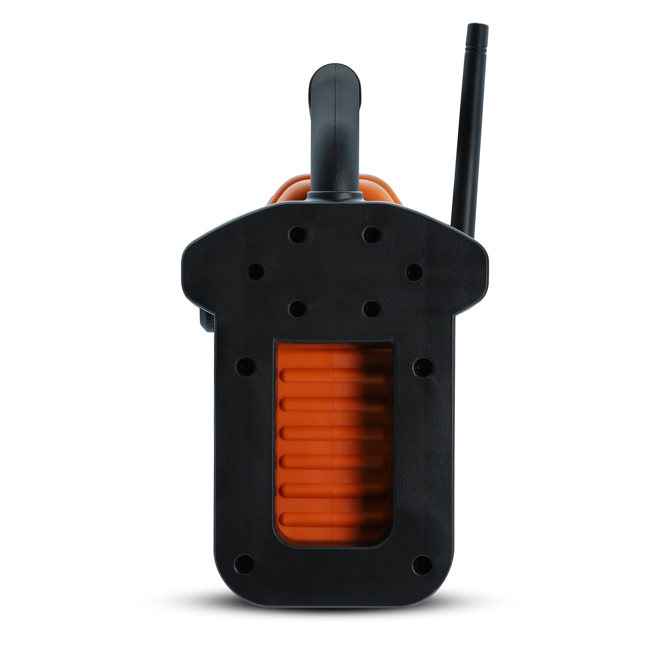Un dispositivo portátil con cuerpo negro, antena y detalles naranjas, sobre fondo blanco.