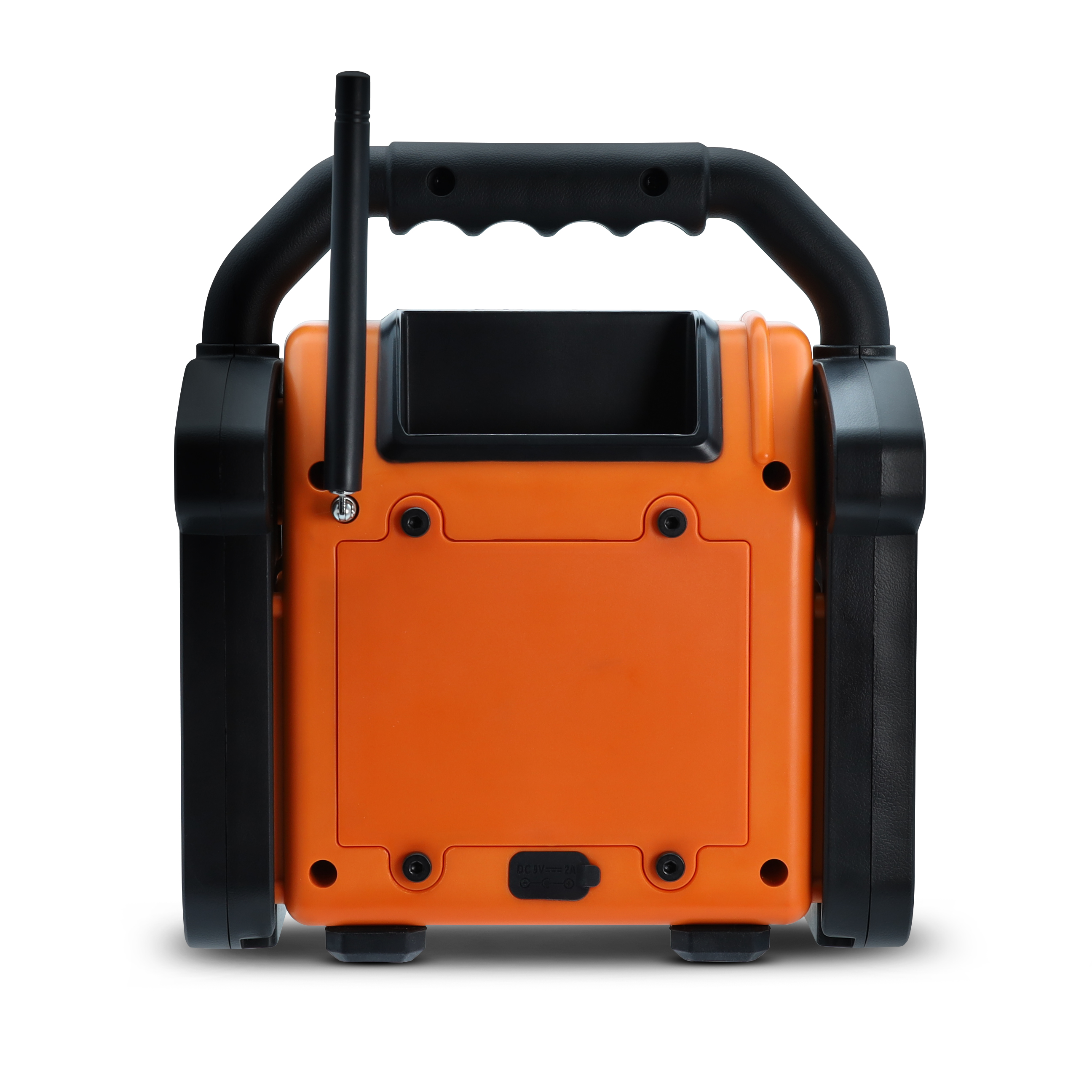 Una luz de trabajo portátil naranja con asa y antena negras, aislada sobre fondo blanco.