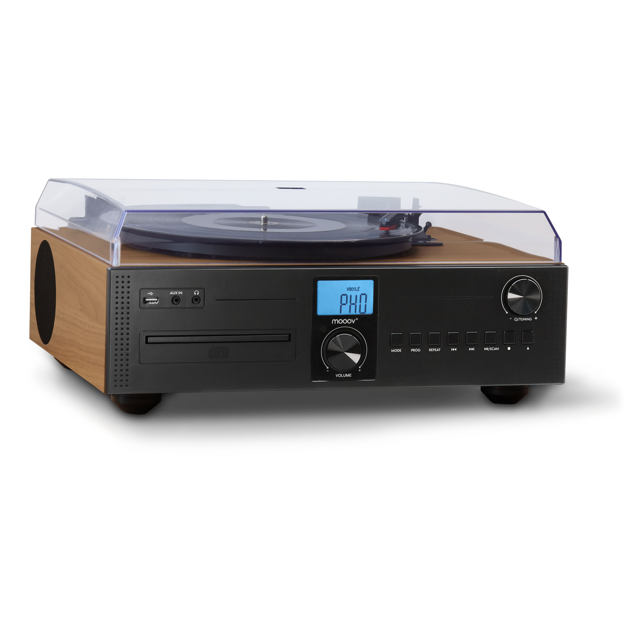 Un tocadiscos con cubierta transparente, reproductor de CD y detalles de madera. Tiene una pantalla azul y controles negros.