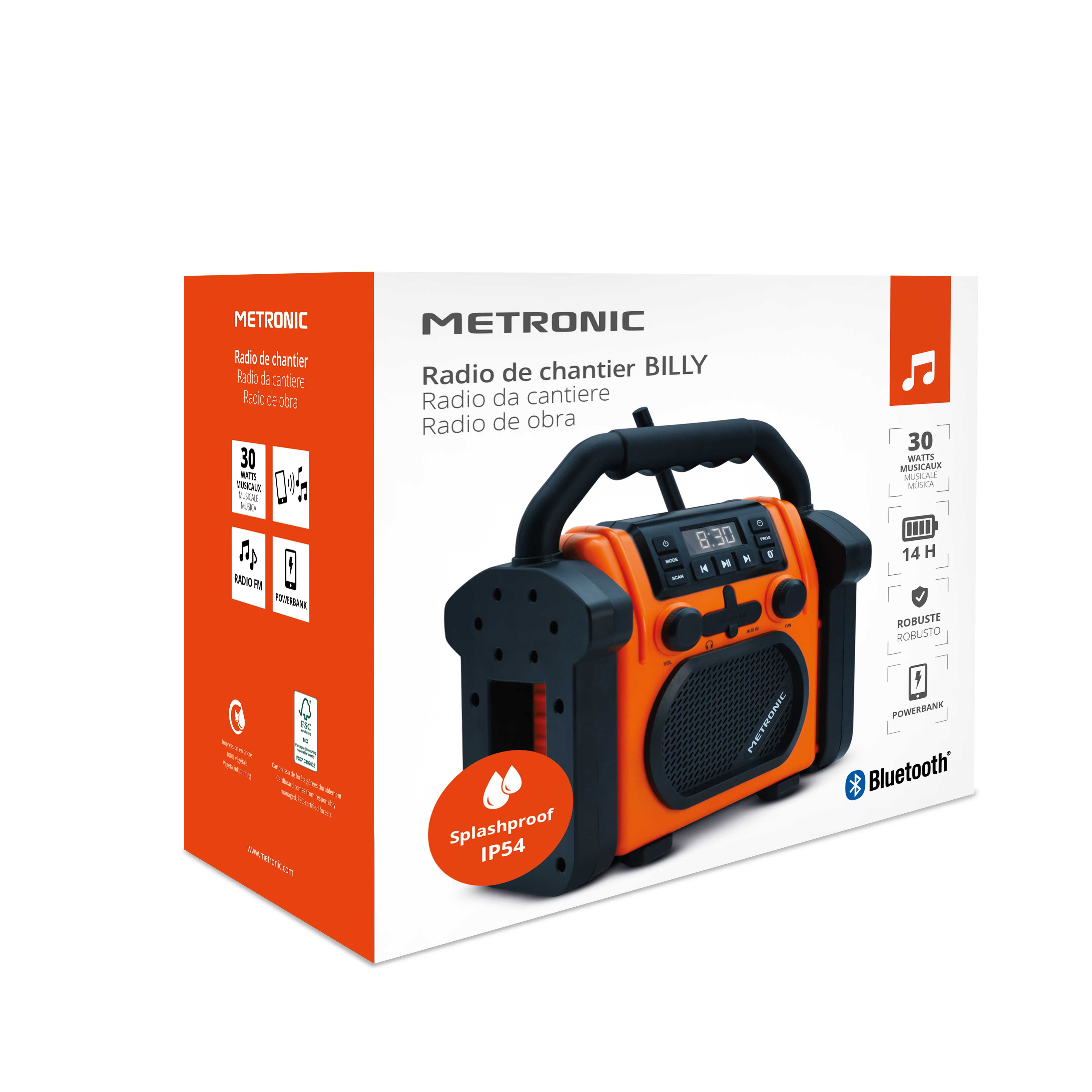 Una radio Metronic naranja y negra en una caja, con asa, botones y pantalla. La caja incluye especificaciones y Bluetooth.