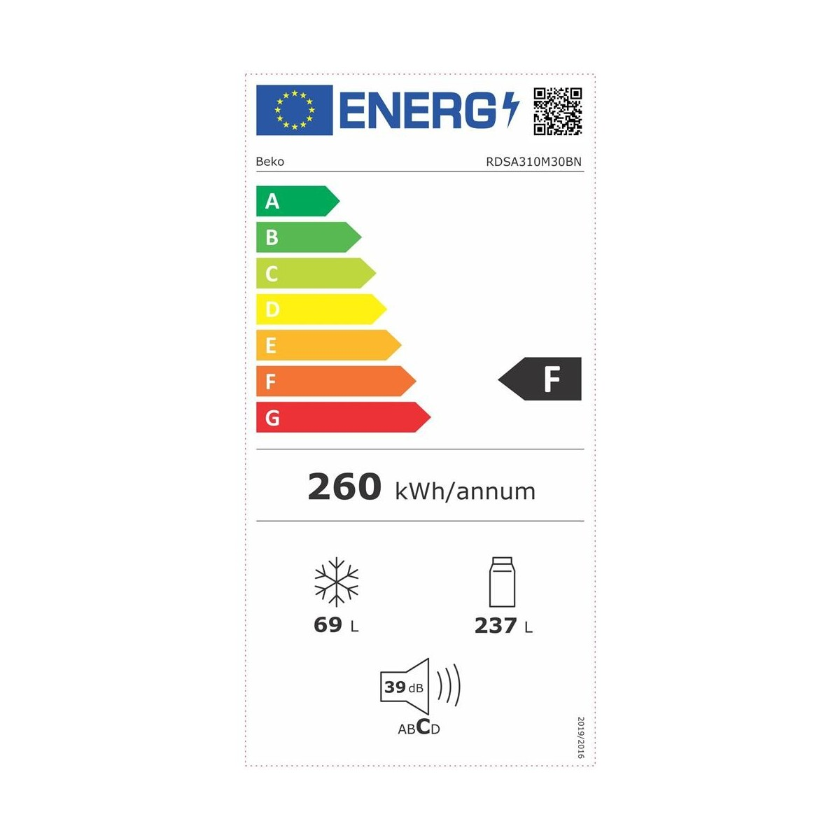 Etichetta energetica per un frigorifero Beko. Indica efficienza, consumo e livello di rumore. La classe energetica è F.