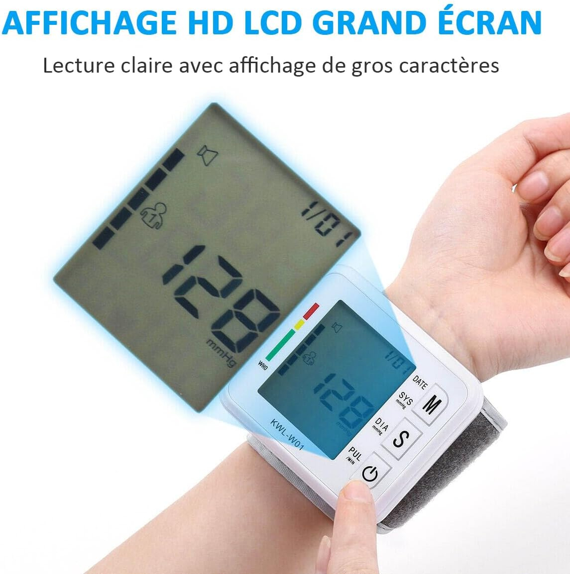 Eine Person, die ein Blutdruckmessgerät am Handgelenk trägt. Es zeigt einen Wert von 128 mmHg an. Das Display ist blau und weiß.
