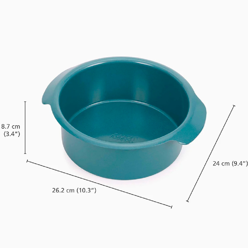 Eine türkisfarbene, runde Backform mit Griffen, die Maße sind: 8,7 cm (3,4"), 24 cm (9,4"), und 26,2 cm (10,3").
