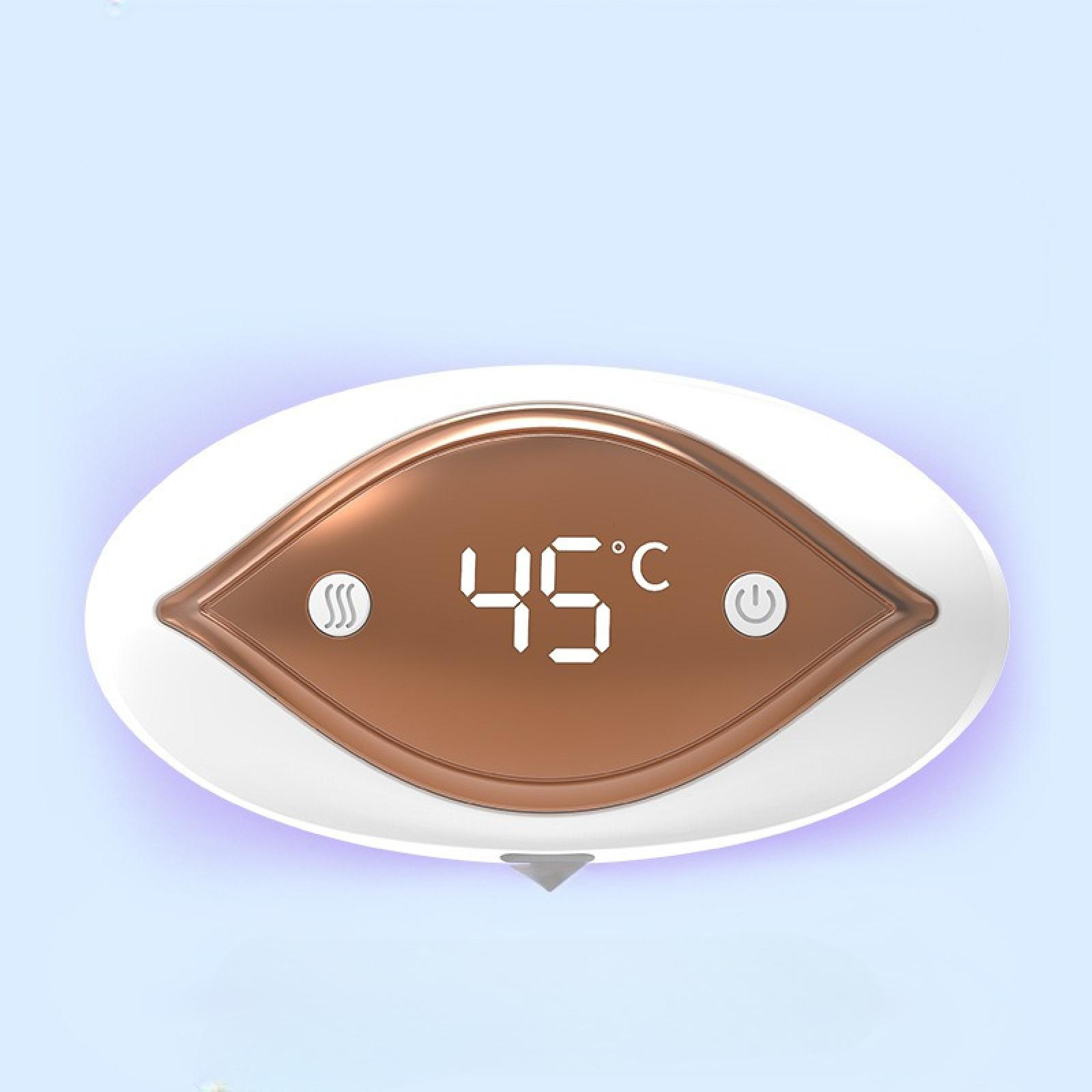 Ovales Gerät mit Anzeige von 45°C. Merkmale sind Wärme, Strom und ein Dampfsymbol auf braunem Hintergrund.