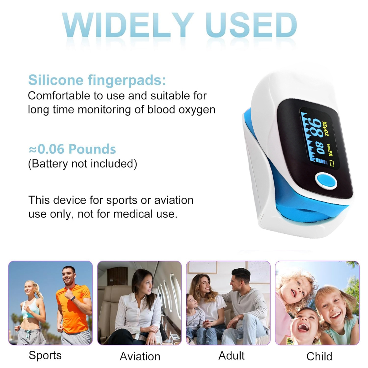 Ein weiß-blaues Fingerpulsoximeter. Zeigt Messwerte an. Darunter Bilder von Sport, Luftfahrt, Erwachsenen und Kindern.