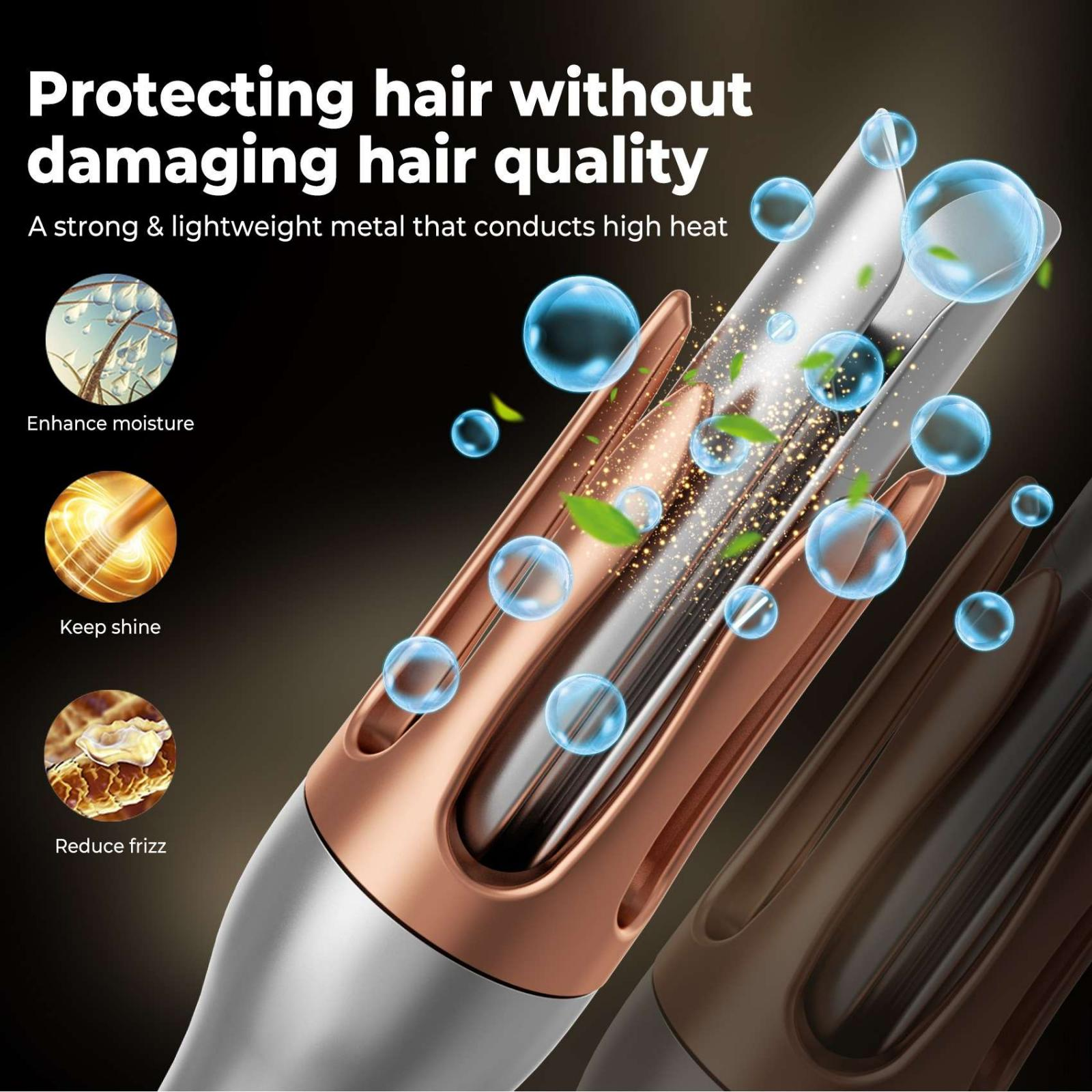 Haarstyling-Werkzeug mit Kupfer- und Silberteilen. Blasen und Blätter schweben darum. Text: Haare vor Schäden schützen.