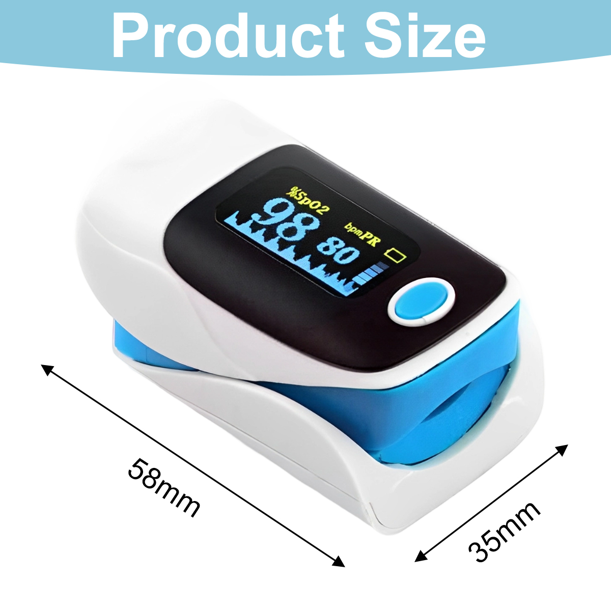 Ein Pulsoximeter mit 98 % SpO2 und 80 bpm. Es ist weiß und blau mit Digitalanzeige. Abmessungen: 58 mm x 35 mm.
